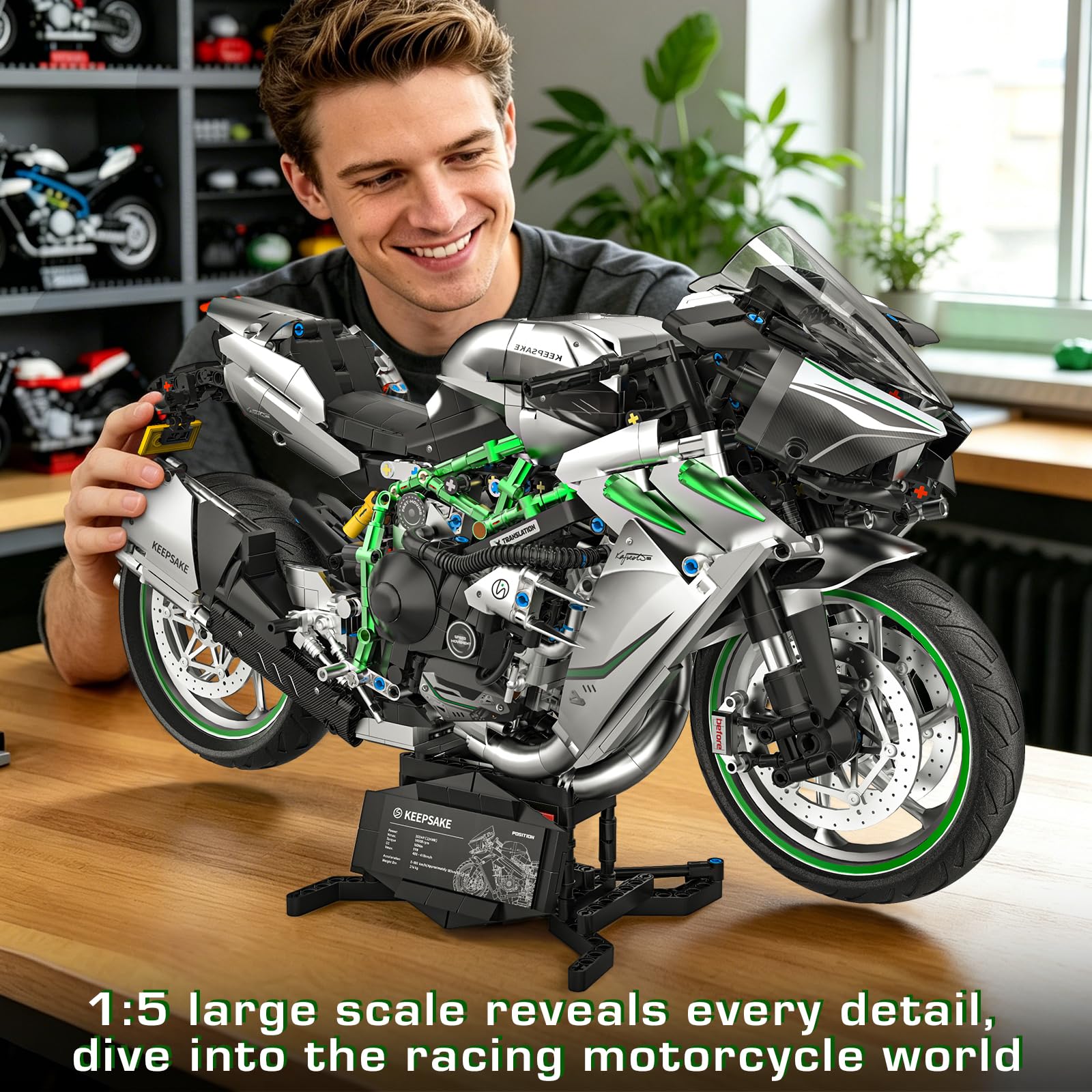 Flubecrux Motorrad Bauklötze Set, 1:5 Technik Modellbausatz, 2248 Teile | Präzise Bausteine, bewegliche Lenkung, Federung, detailreicher Motor, Sammlermodell, Geschenk für Erwachsene