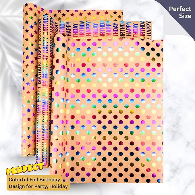 Wrapping Paper Roll Pack of 3 – Birthday Wrapping Paper, Christmas Wrapping Paper, Gift Wrap Sheets – Brown Paper Roll with Stars, Dots & Happy Birthday Design