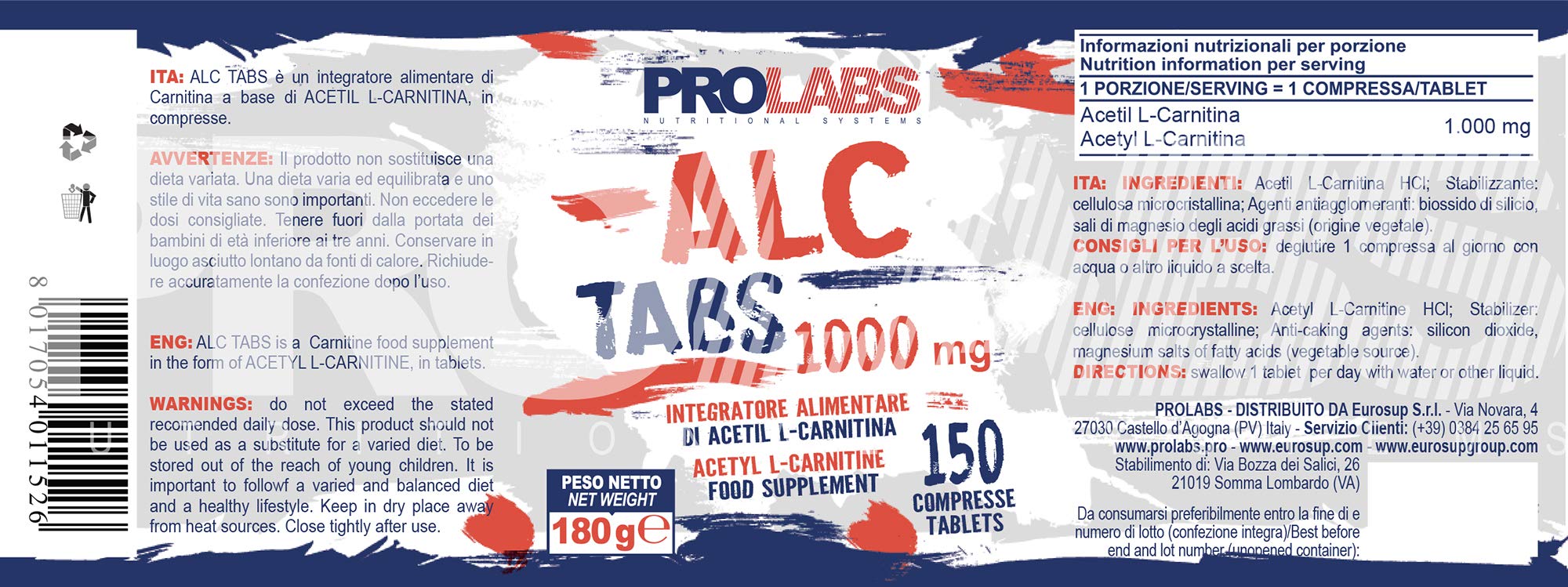 PROLABS – Acetil L Carnitina 150 Compresse (1000 mg), Integratore Alimentare di Acetyl L-Carnitine per Workout, Palestra e Sport ad Alta Intensità 100% Vegan - Supporto Cognitivo, Ossidativo & Energia