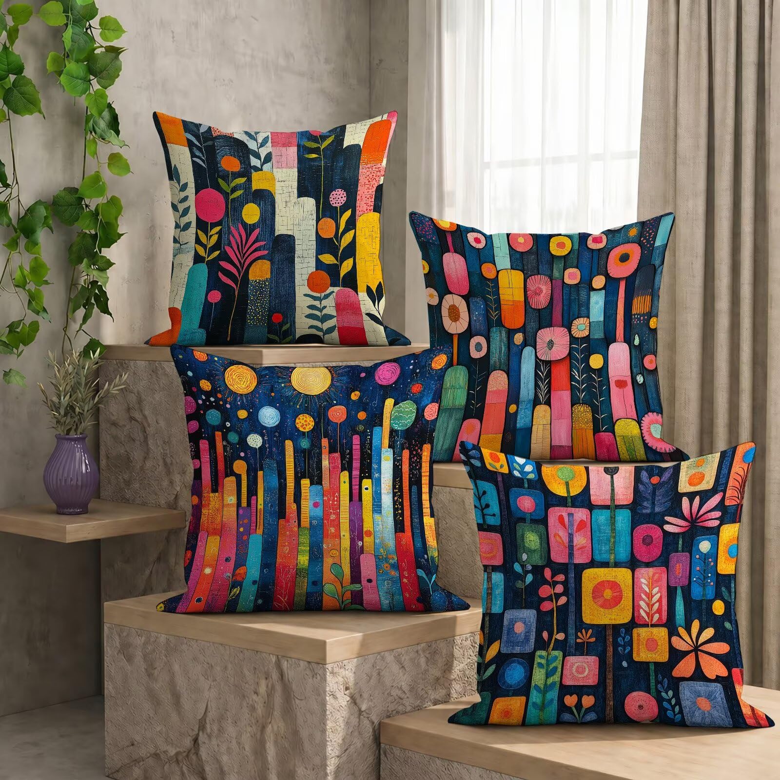Fundas de Cojines Impermeables para Exterior Geometría Funda Cojin 80x80 cm Juego de 4 Cuadradas Lino Funda de Almohada Decorativas para Sofá Terraza Silla Jardín Cojines Decorativos (Flor) L-O263