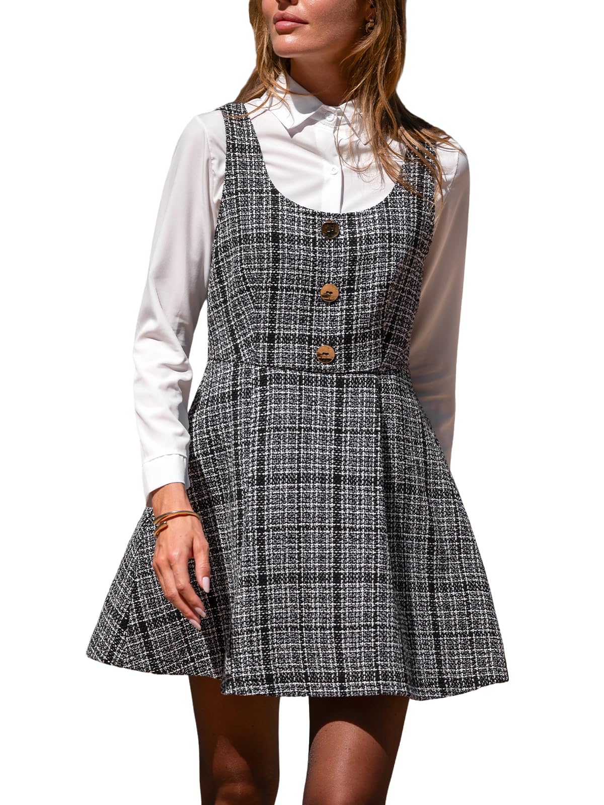 CUPSHE Damen Latzkleid Plaid Rundhals Ärmellos Freizeitkleider Knöpfe Trägerkleid Herbst Winter Minikleid