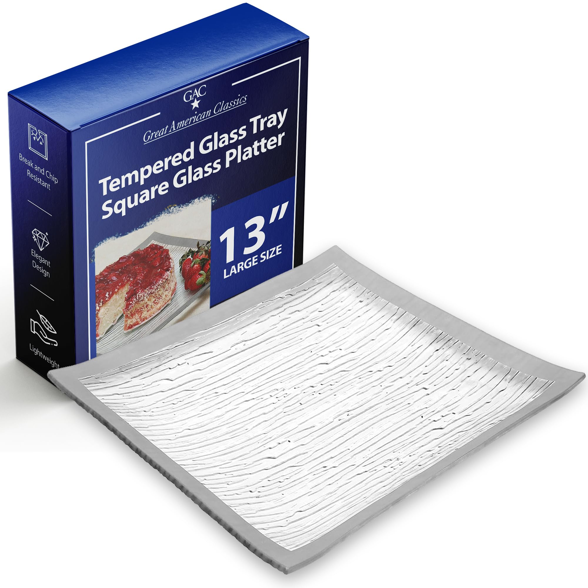 GAC Great American Classics Oasis Pebble Rock Design Tempered Tray Square Glass Platter Break and Chip Resistant – Decorative Charger Plate, 11.5, Clear/Transparent