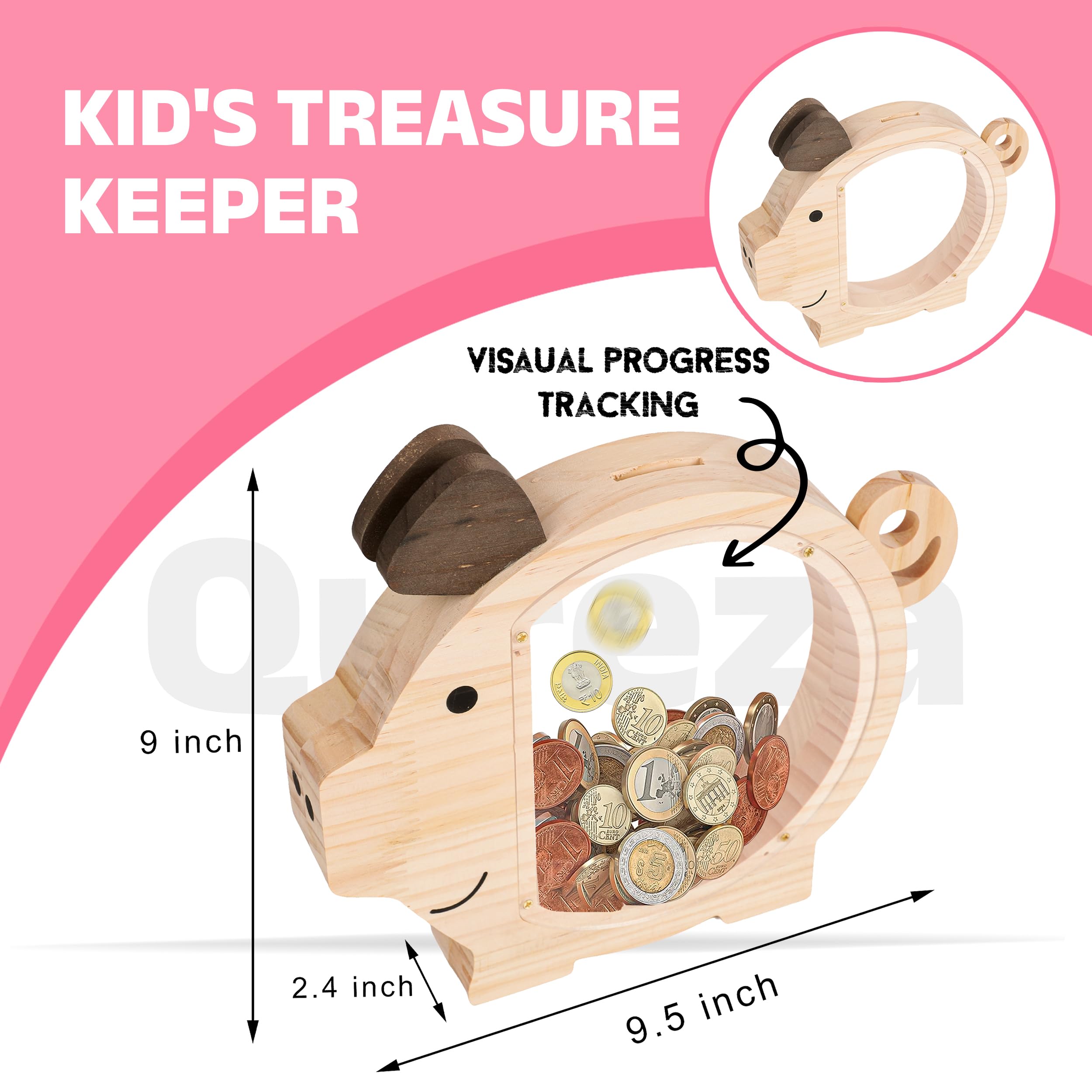 Qureza Wooden Big Cute Reusable Piggy Bank for Kids Boys Girls Adults Large transparant Coin Money Saving Box Creative Personalized Gifts for Child Birthday Cash Saving Unbreakable Smart Money Box 1