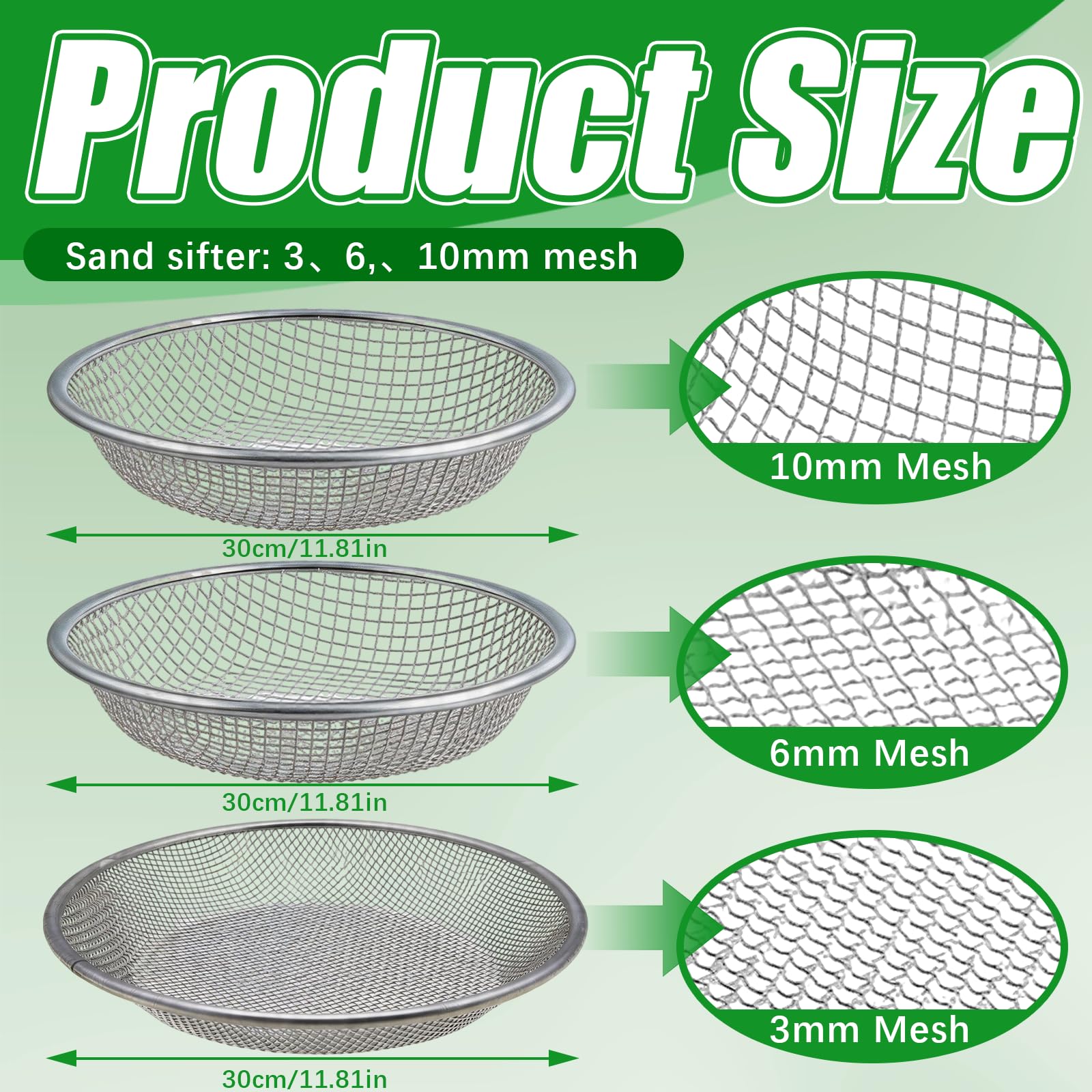 Tamiz De Jardín Para Tierra, 3PCS 30cm Tamiz Redondo Robusto De Acero Inoxidable Tamiz Para Plantar Con Orificios De 3 6 Y 10 mm Para Compost Piedras Tierra Arena Semillas Malas Hierbas Y Grava
