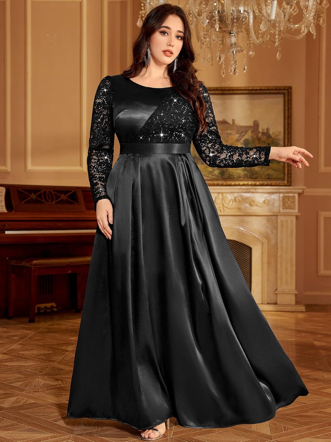 MISSMAY Women's Plus Sequin Lace with Satin Long Sleeves Formal Evening Prom Dresses - Image 3