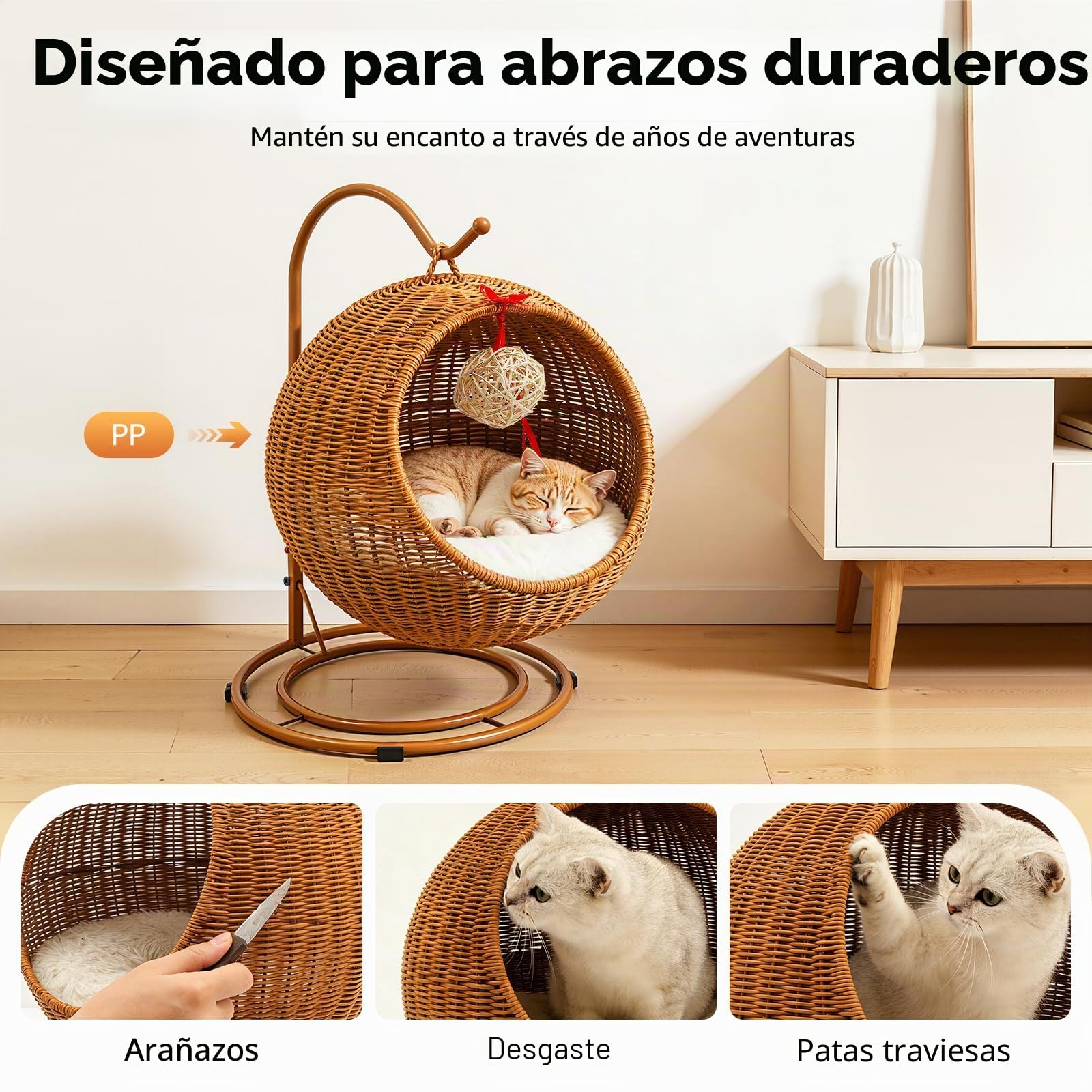 Columpio para gatos, de ratán, para menores de 7,5 kg, incluye cojín suave, flojín frío y tabla para rascar gatos, columpio colgante para gatos, silla Papasan para gatos