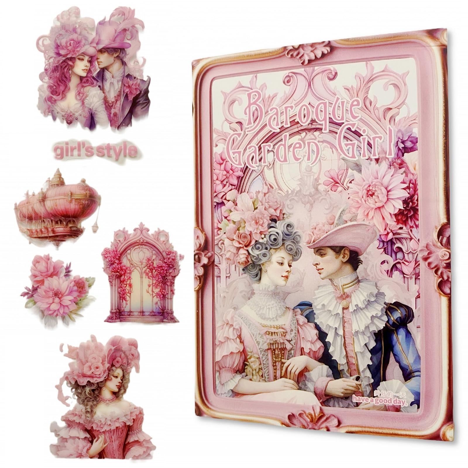 TIAMECH Pink Love Song Stickers Book - Baroque Victorian Garden Girl Series, 20 Sheets Waterproof PET Scrapbooking Stickers for Junk Journaling,