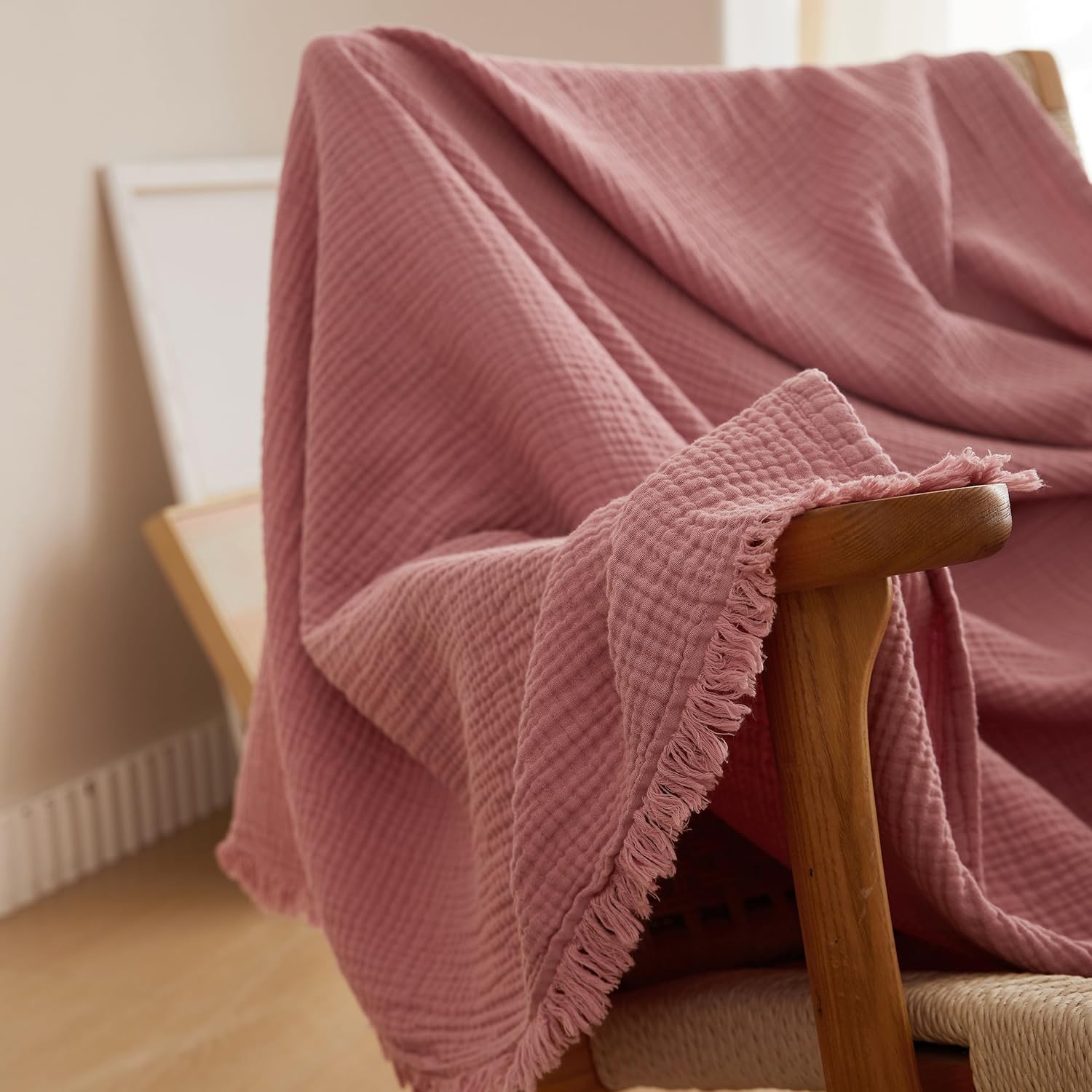 Simple&Opulence Cotton Muslin Throw Blanket 4 Layers for Bed, Couch, Woven Gauze Blanket with Tassels, Soft Lightweight Cozy Pre-Washed Breathable Farmhouse Decoration for All-Season(Dusty Pink) - Image 9