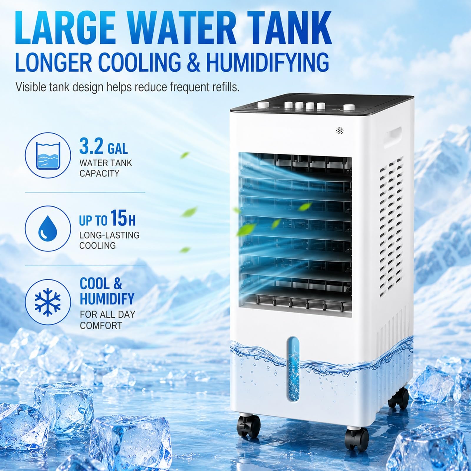ポータブル冷風機 Amazon | 室内用ポータブル冷風機（気化式クーラー）、9L水タンク、3