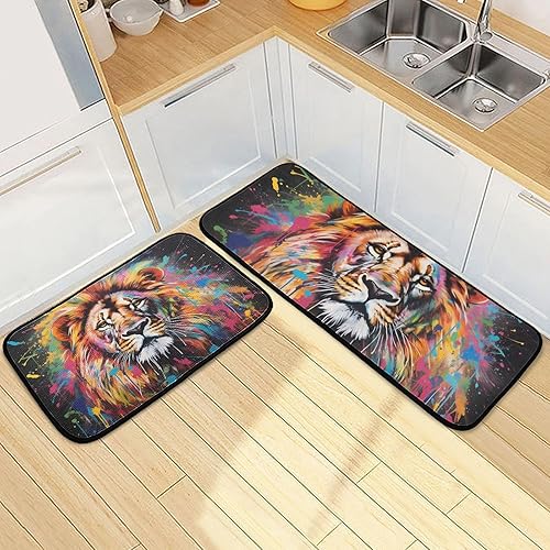 Miniatura 2 de Kitchen Mats for Floor 2 Piece Set Painting Art Lion Print, Anti Skid Cushioned Water Absorbent Kitchen Rugs Door Mat Floor Mats for Kitchen Sink