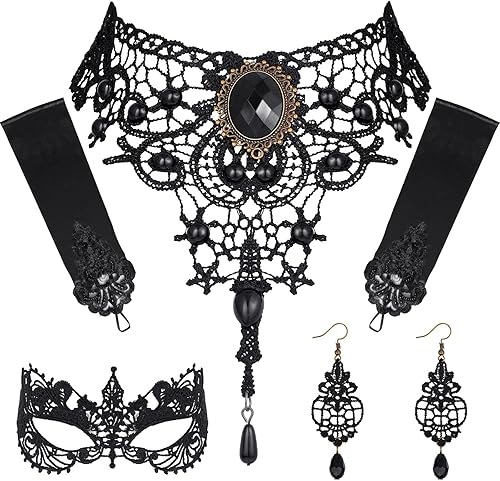 Junkin Gargantilla negra de Halloween, 4 piezas, aretes de bruja, máscara de mascarada, guantes sin dedos, estilo steampunk, vintage, lolita,