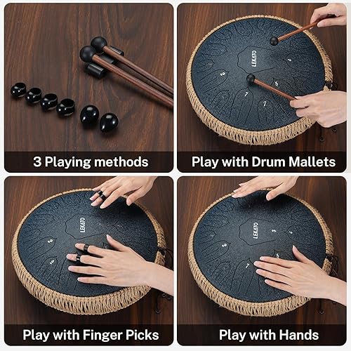 Miniatura 12 de LEKATO Tambor de lluvia para exterior, tambor de lengua de acero de 6 pulgadas, 11 notas, campanilla de lluvia de percusión para meditación, yoga