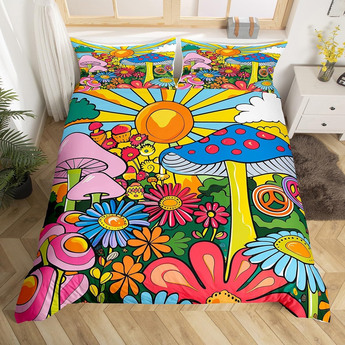 Kawaii Mushroom Bedding Sets Twin Boho Sun Comforter Cover Hippie Groovy Floral Bed Sets 60s 70s Retro Vintage Theme Duvet Cover Chic Daisy Flower Quilt Cover Geometric Striped Decor (No Comforter)