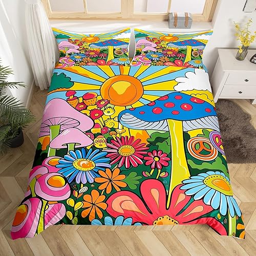 Miniatura 3 de Juego de funda de edredón Kawaii de hongos bohemios, juego de cama para el sol, funda de edredón hippie con diseño floral y groovy, tamaño