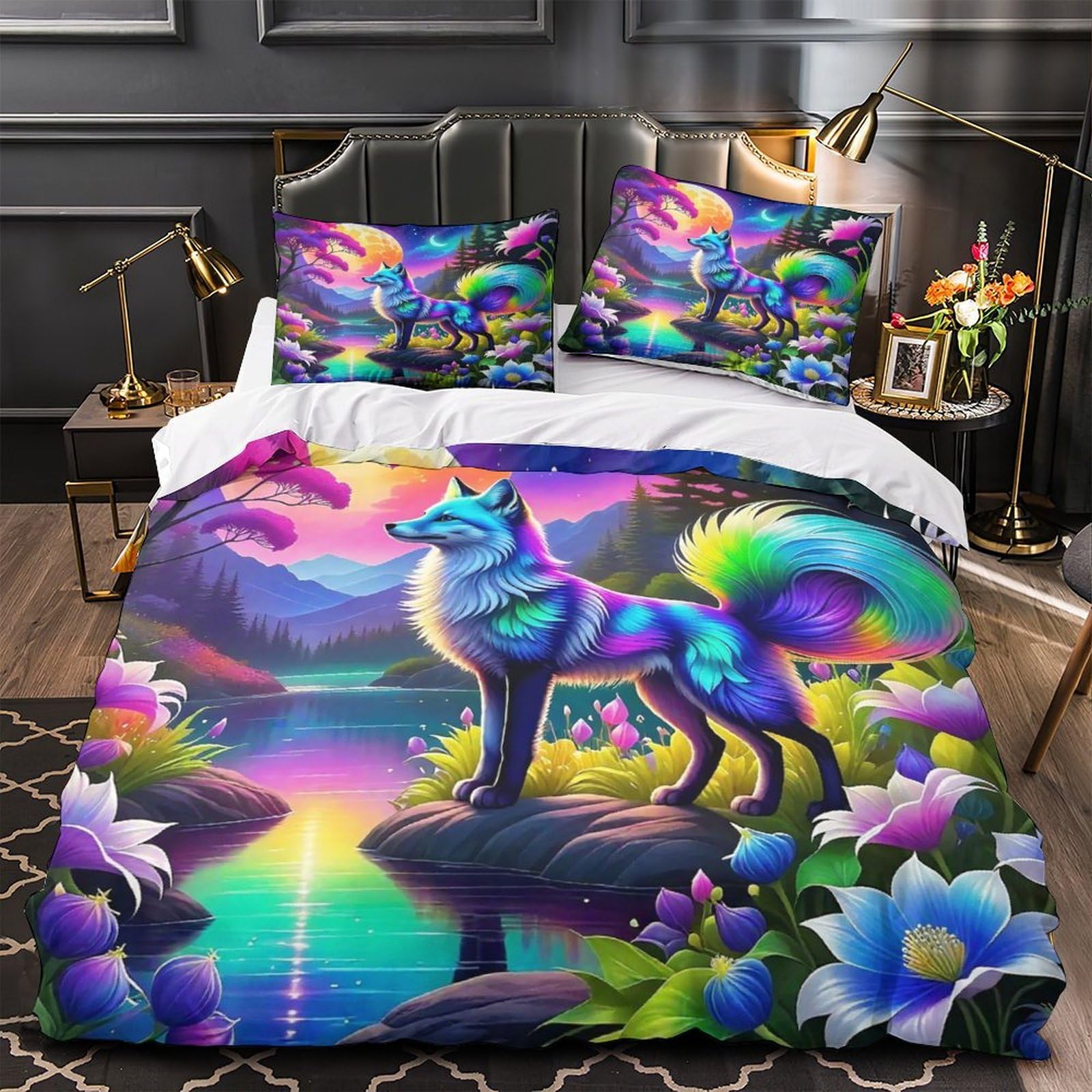 Housse de couette Renard 3D 140x200 cm en microfibre douce avec taies pour lit enfant