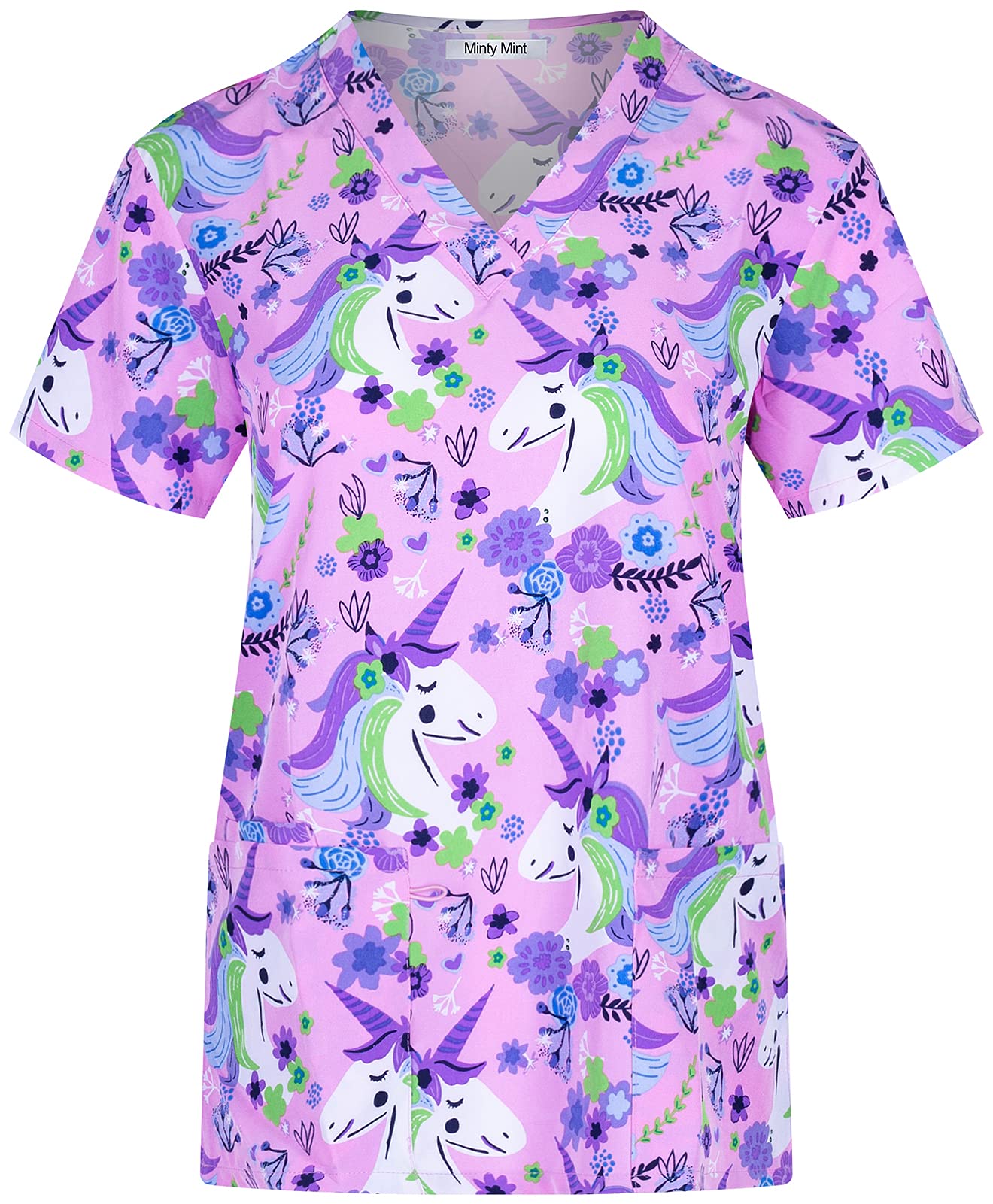 Minty Mint Women's Comfortable Easy Fit Lightweight Durable Soft Stretch Printed V-Neck Medical Scrub Top