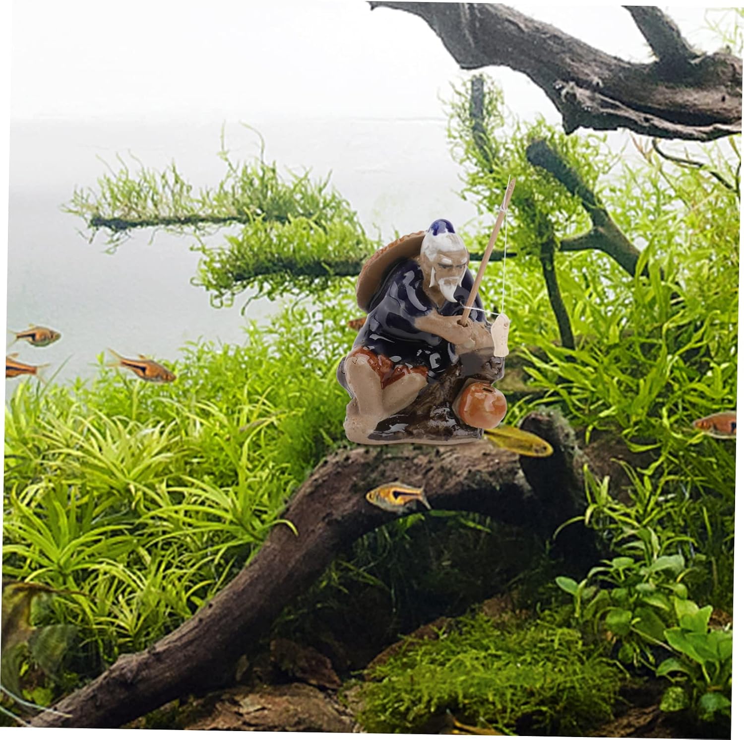 Aquarium Mini Fisherman Statue Ceramic Fish Tank Ornament Water-Absorbing Garden Bonsai Adornment Decorative Figurine for Patio Lawn Table Indoor Outdoor Decor 2.75 X 1.96 X 1.37 in image 4