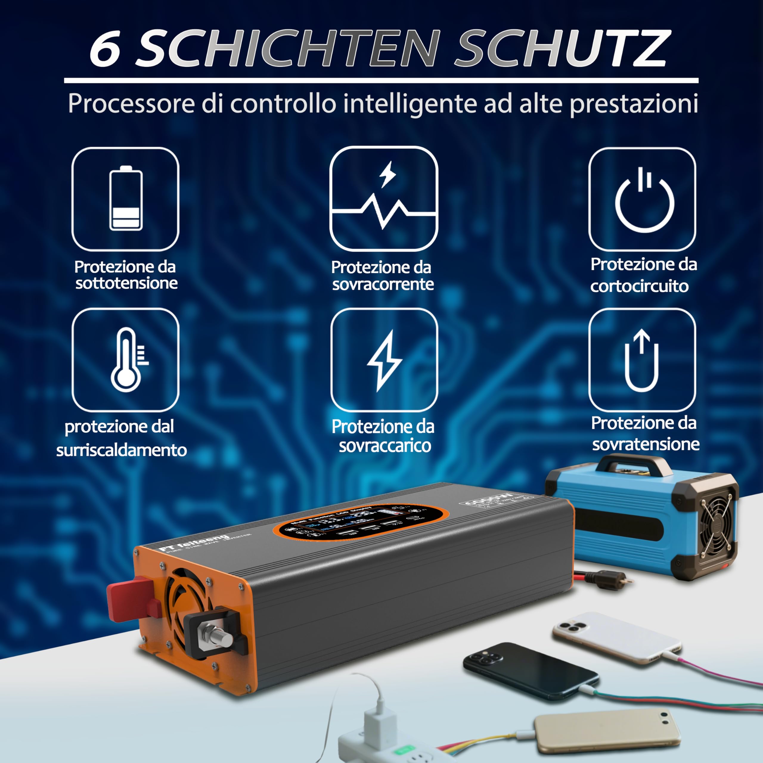 Wechselrichter 2000W 12V auf 230V Reine Sinuswelle - Spannungswandler LCD Display mit 2 EU-Steckdosen und 3 USB Typ-C Port，Steckdose mit Fernbedienung für Wohnmobil Auto Camping