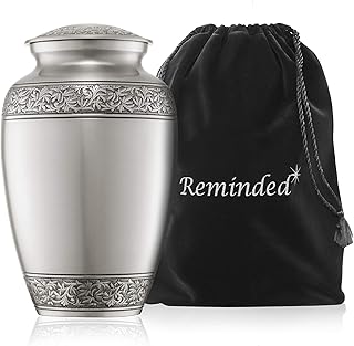 Reminded Cremation Memorial Urn for Human Ashes, Silver Adult Funeral Urn with Velvet Bag