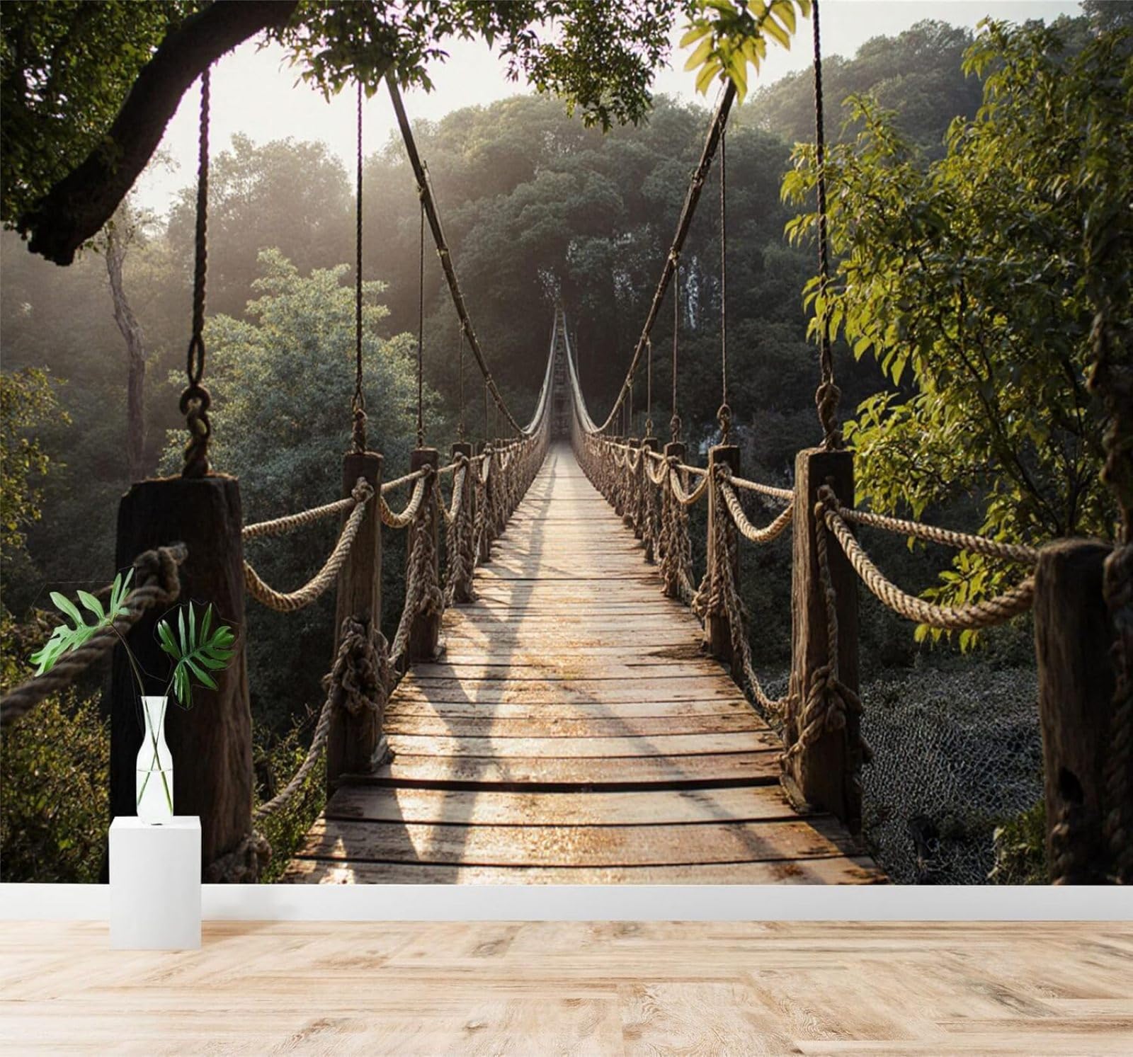 XLMING Three Dimensional Fresh Green Forest Wooden Suspension Bridge Morning Light 3D Wallpaper Premium Textured Silk Study Dining Living Room Bedroom Sofa TV Wall Easy Install-400cm×280cm