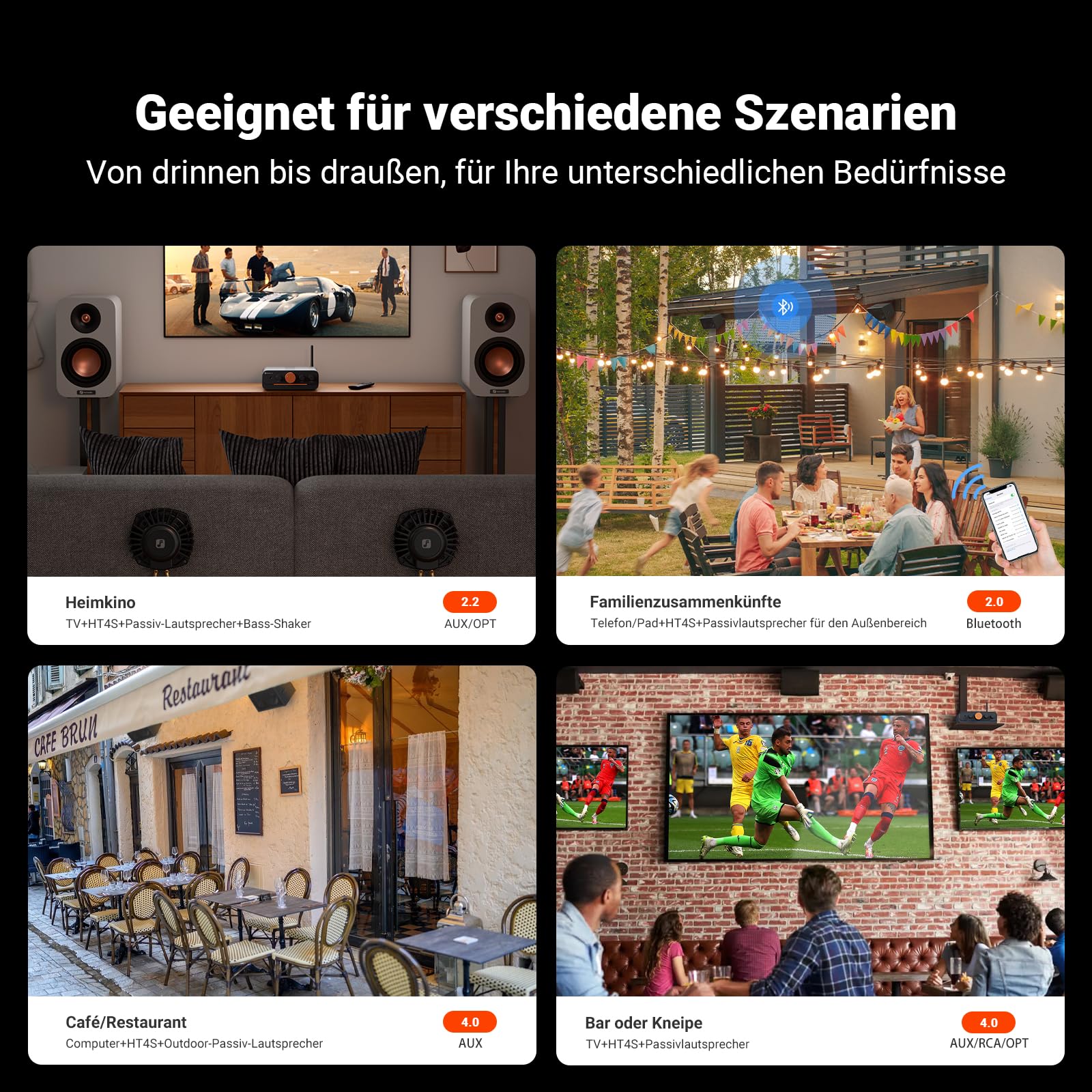 Fosi Audio HT4S Bluetooth Verstärker HiFi Stereo für Außenlautsprecher, 4 Kanal Verstärker für Bass Shaker SIM Racing Cockpit, 4.1/5.0 Ch Home Audio Receiver, AUX/Optischer Eingang mit Fernbedienung