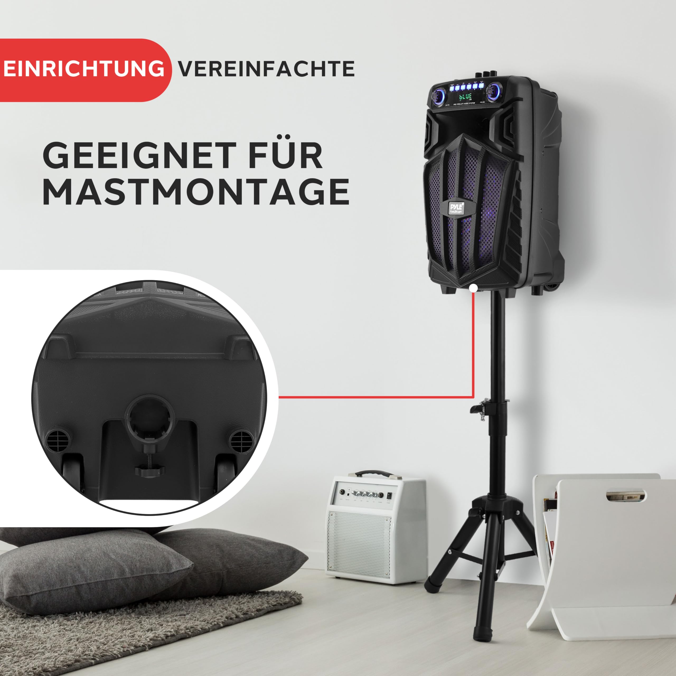 Pyle Tragbarer Bluetooth-Lautsprecher 880 W mit kabellosem Mikrofon und Rädern TWS Partylichter