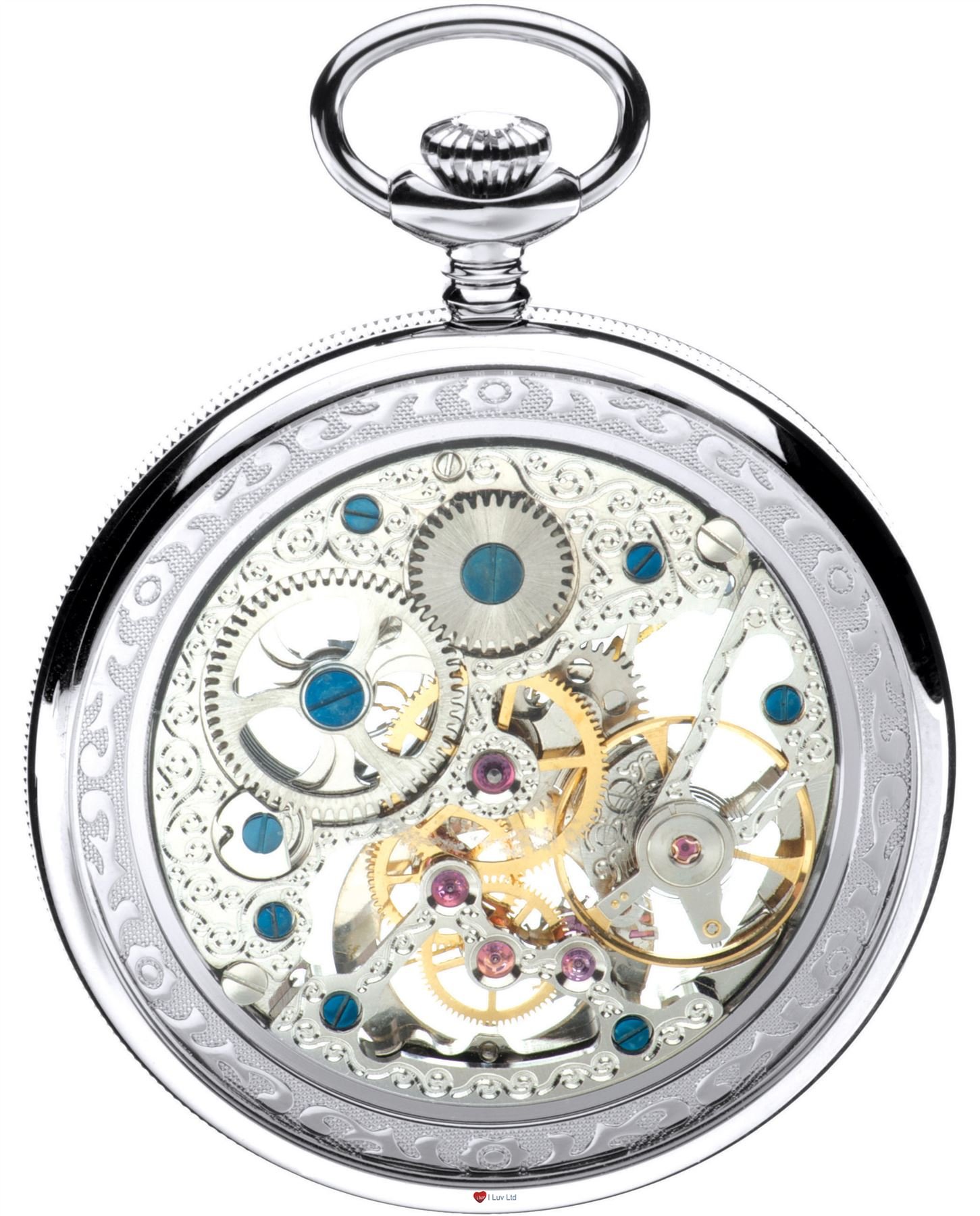 I LUV LTD Open Face Skeleton Pocket Watch 17 Jewelled Mechanical Chromed Case - Gift Box
