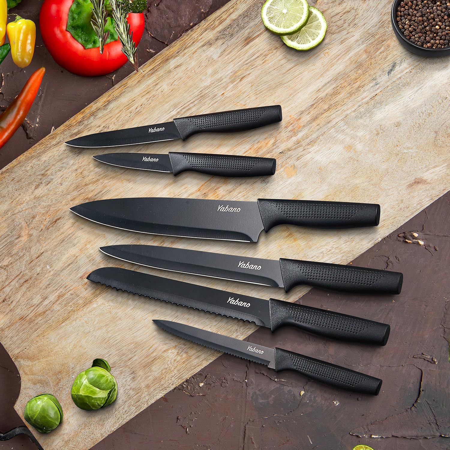 Yabano Couteaux de Cuisine 14 Pièces Inox Noir Bloc Aiguiseur | Lame acier inoxydable BO oxidation, support bois affuteuse integree, 6 pieces a steak, ciseaux, manche ergonomique