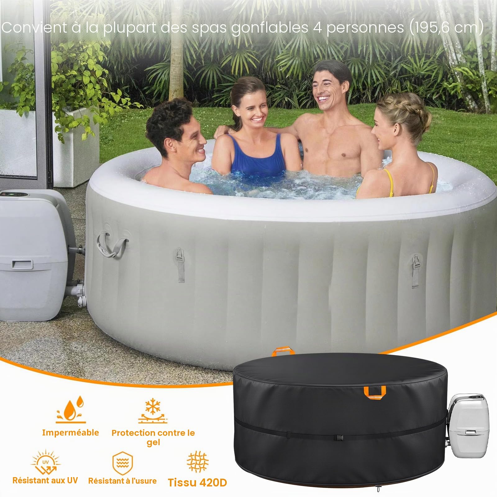 Housse de Protection Ronde pour Jacuzzi, 4-6 Personnes, Oxford 420D, Spa Gonflable Housse de Protection pour Ronds, résistante aux UV et imperméable pour Spa extérieur (200 x72cm (4 Personnes))