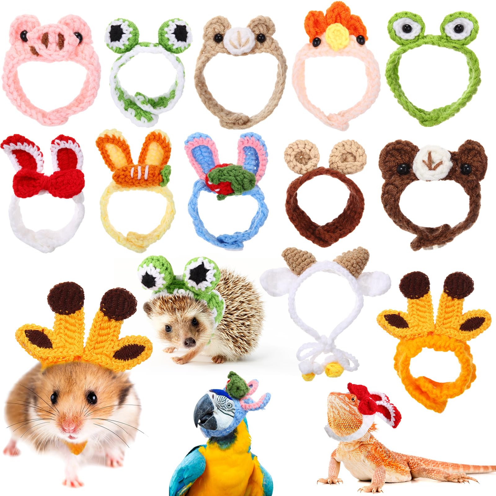 MiniInflat 12 Pcs Hamster Hat Guinea Pig Knitted Cartoon Headwear Mini Small Animals Hat Hamster Clothes for Real Hamsters Pets Small Animal Lizard