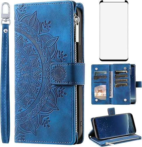 Miniatura 1 de Asuwish Funda de teléfono para Samsung Galaxy S8 con protector de pantalla de vidrio templado y correa para la muñeca, diseño de flores de mandala,