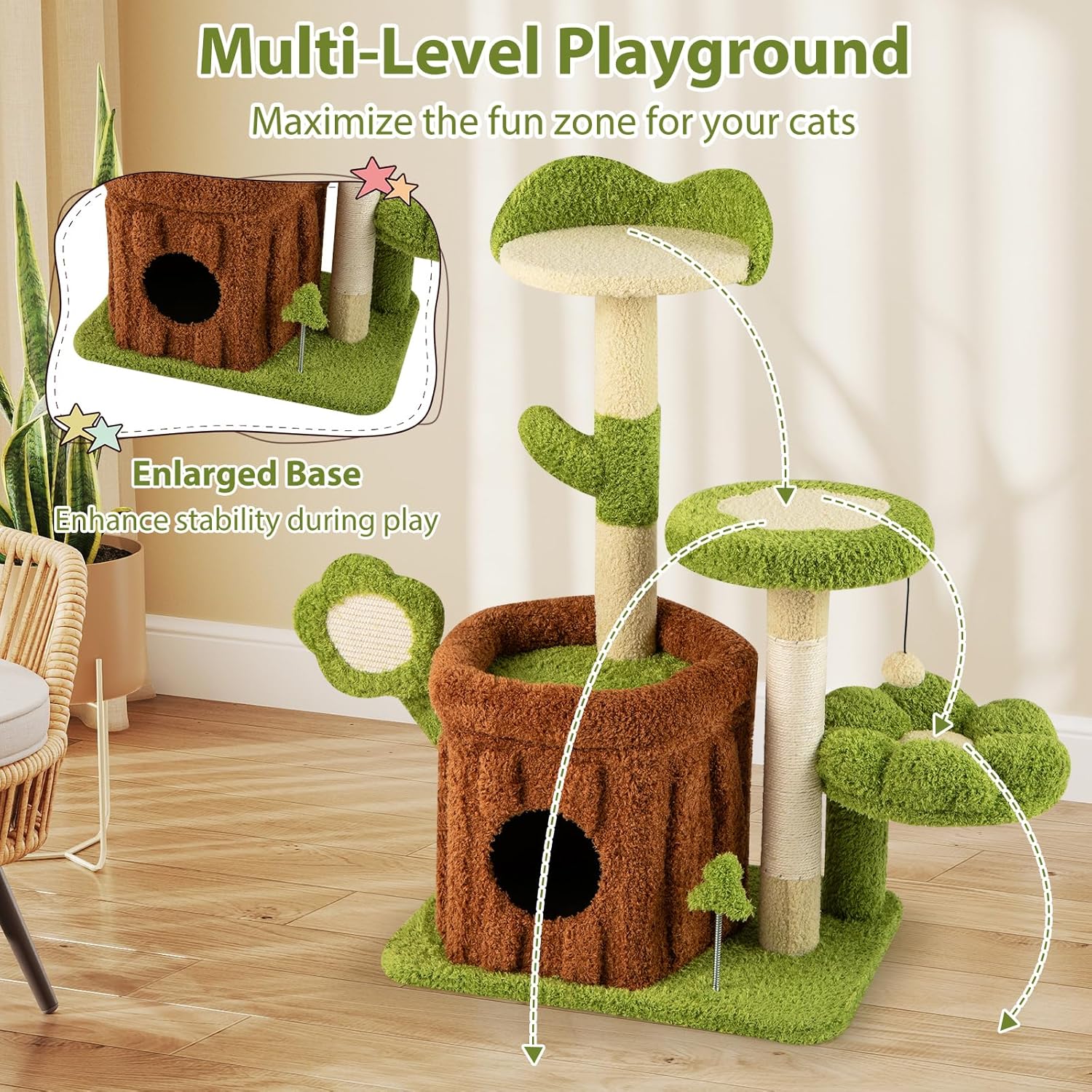 PETSITE Forest-Themed Cute Cat Tree, 36 Inches Tall with Sisal Scratching Posts and Board, Condo, Dangling Ball, and Spring Toy, Ideal for Indoor Small & Medium Cats (21.5 x 16 x 36 inches)