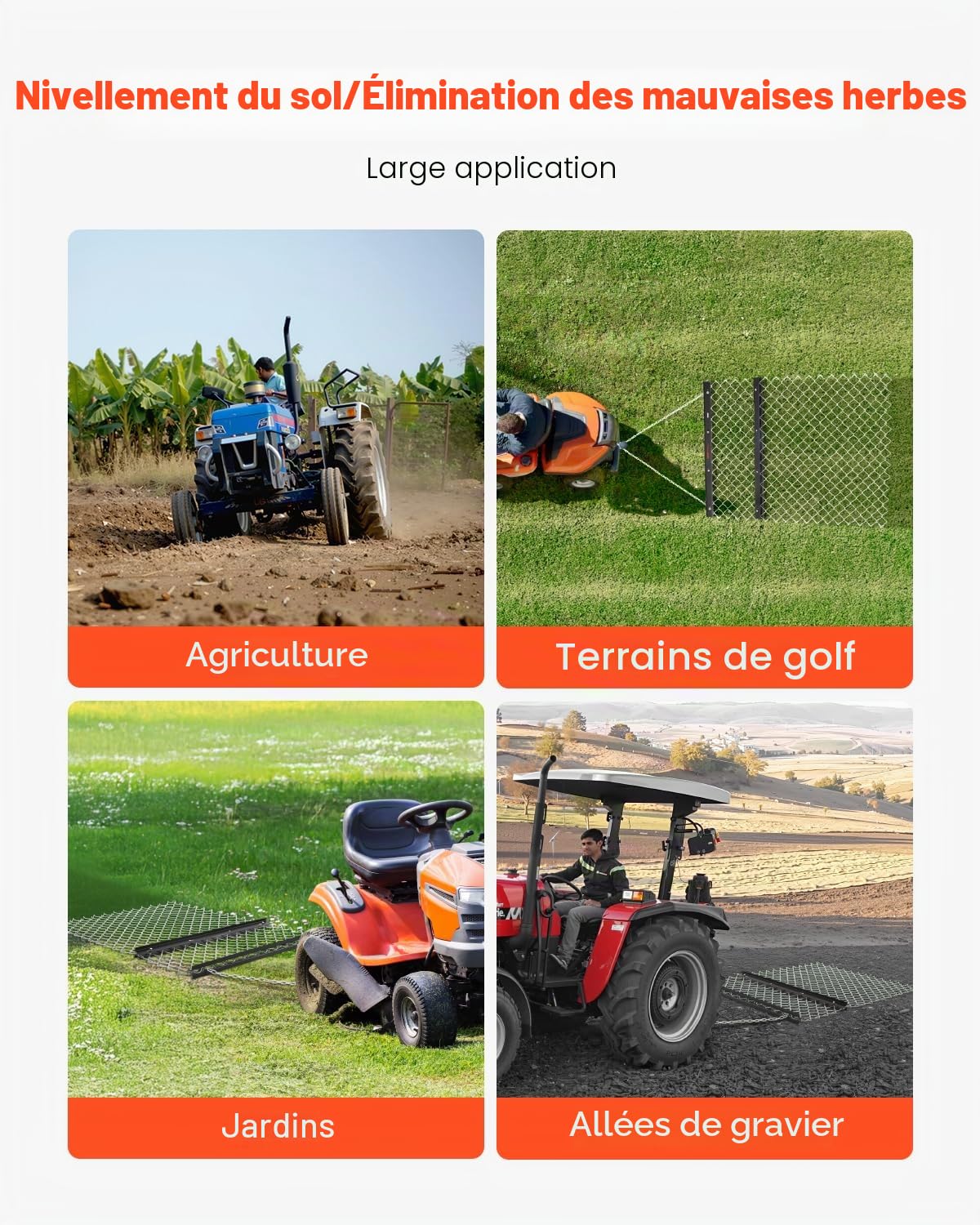 VEVOR Herse Traînée à Chaîne, 1520x1240 mm, Niveleur d'Allée Remorquable Tapis de Traînage Nivellement de Paysage Préparation de Gazon, pour Tracteur, VTT, UTV, Allée de Gravier, Ferme, Champ, Noir