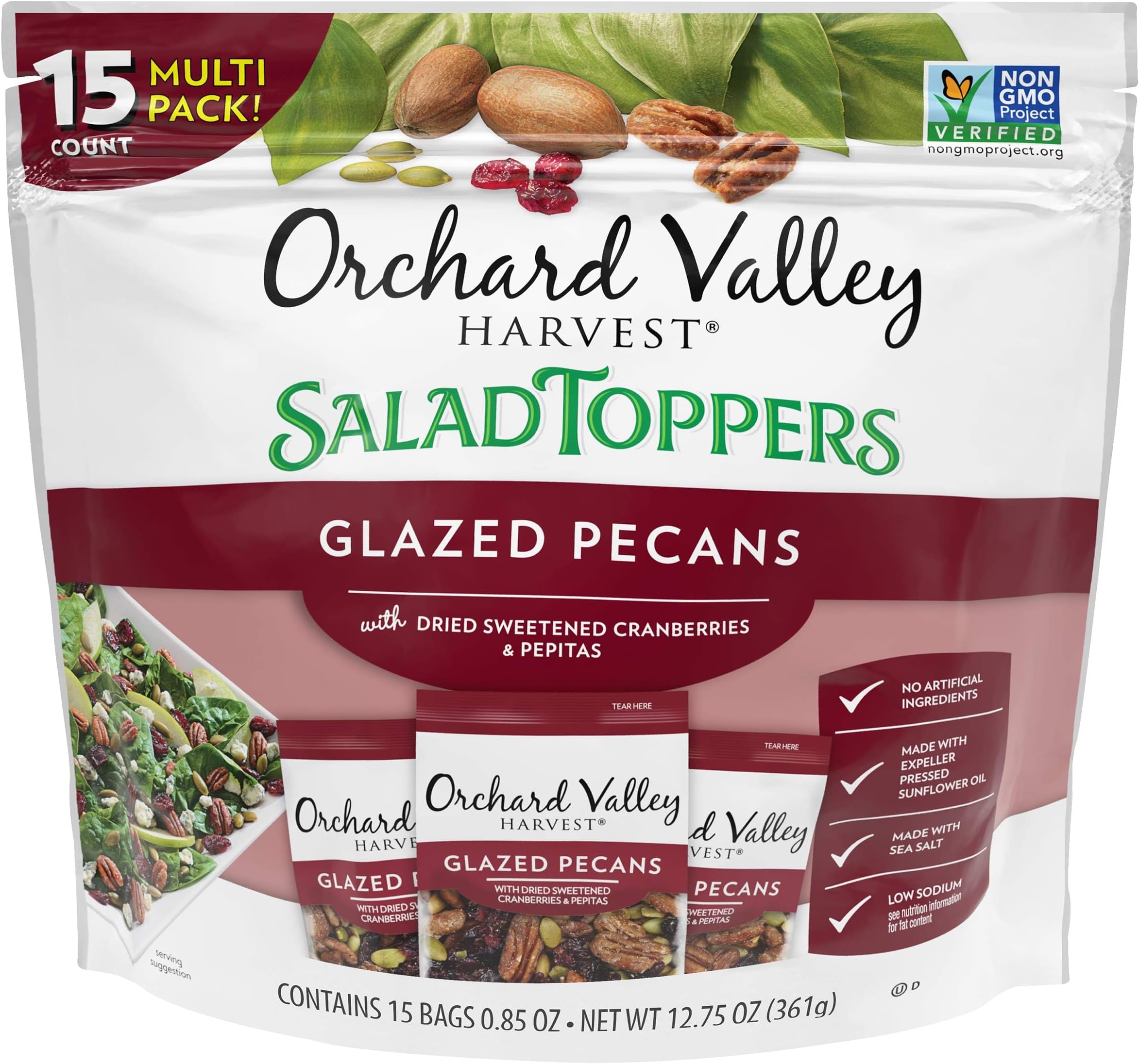 Orchard Valley Harvest Glazed Pecans Salad Toppers, 0.85 Ounce Bags (Pack of 15), with Cranberries and Pepitas, Non-GMO, No Artificial Ingredients, Healthy Snacks for Adults