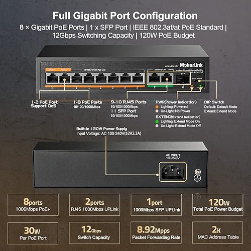 Miniatura 4 de MokerLink Switch PoE Gigabit de 11 puertos con 8 puertos PoE+, 2 Gigabit Uplink, 1 puerto SFP, detección AI de 120 W, Qos, interruptor de red no