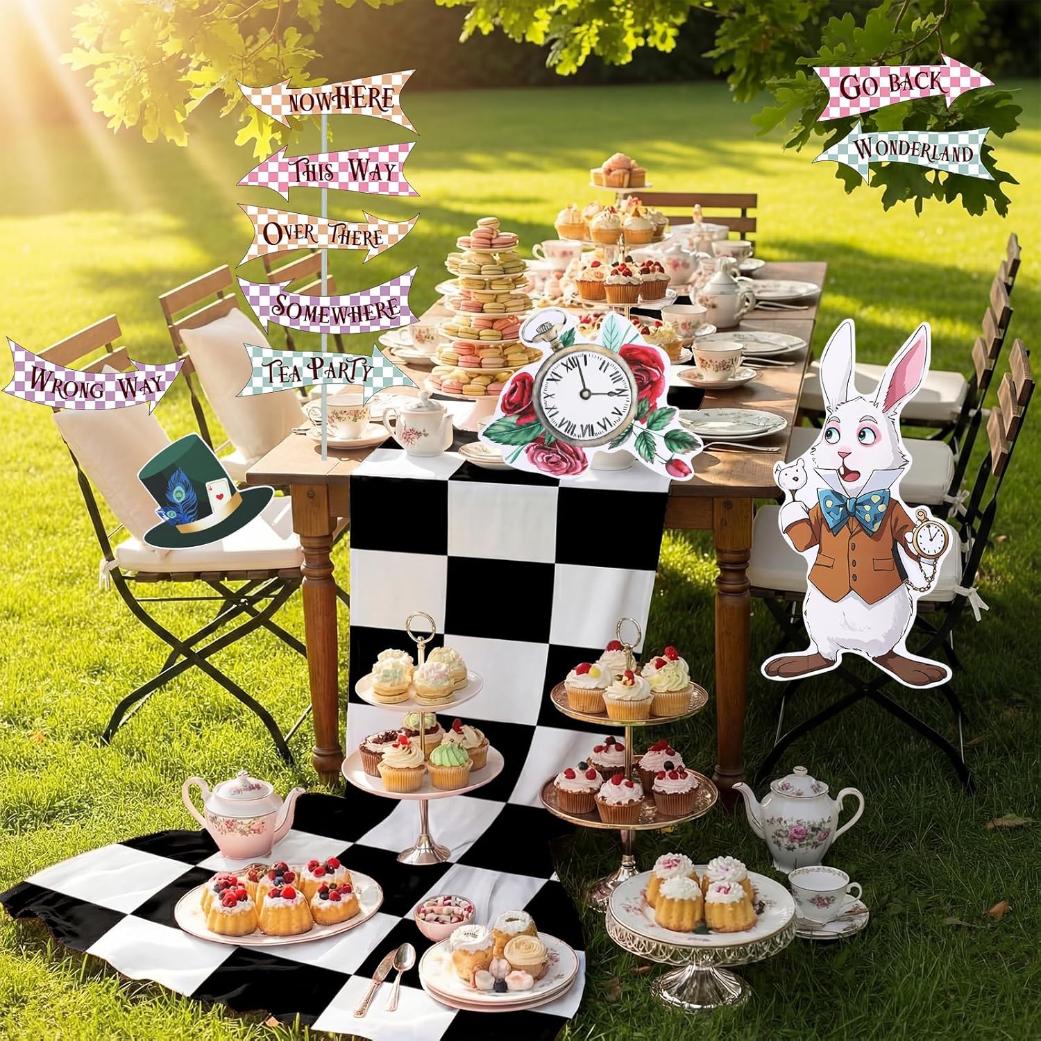 AceOrbit 12 Pcs Wonderland Party Decorations, 118" Black and White Checkered Runner Carpet, Trunk or Treat Wonderland Tea Party Decor Arrow Signs with Stakes for Afternoon Tea Birthday