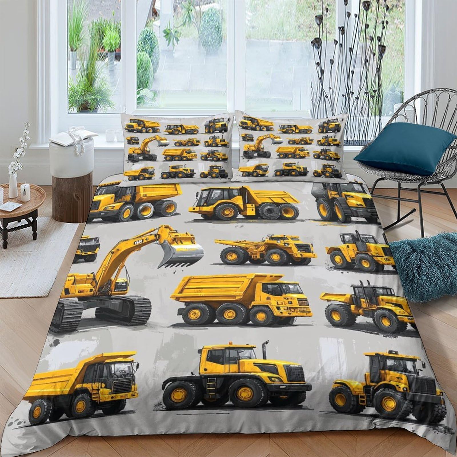 GPLZQXKJNH 3D Printed Construction Vehicles Duvet Cover Microfiber Soft Breathable Excavator Bedding Set with 2 Pillowcases for Bedroom Decor Single（135x200cm）