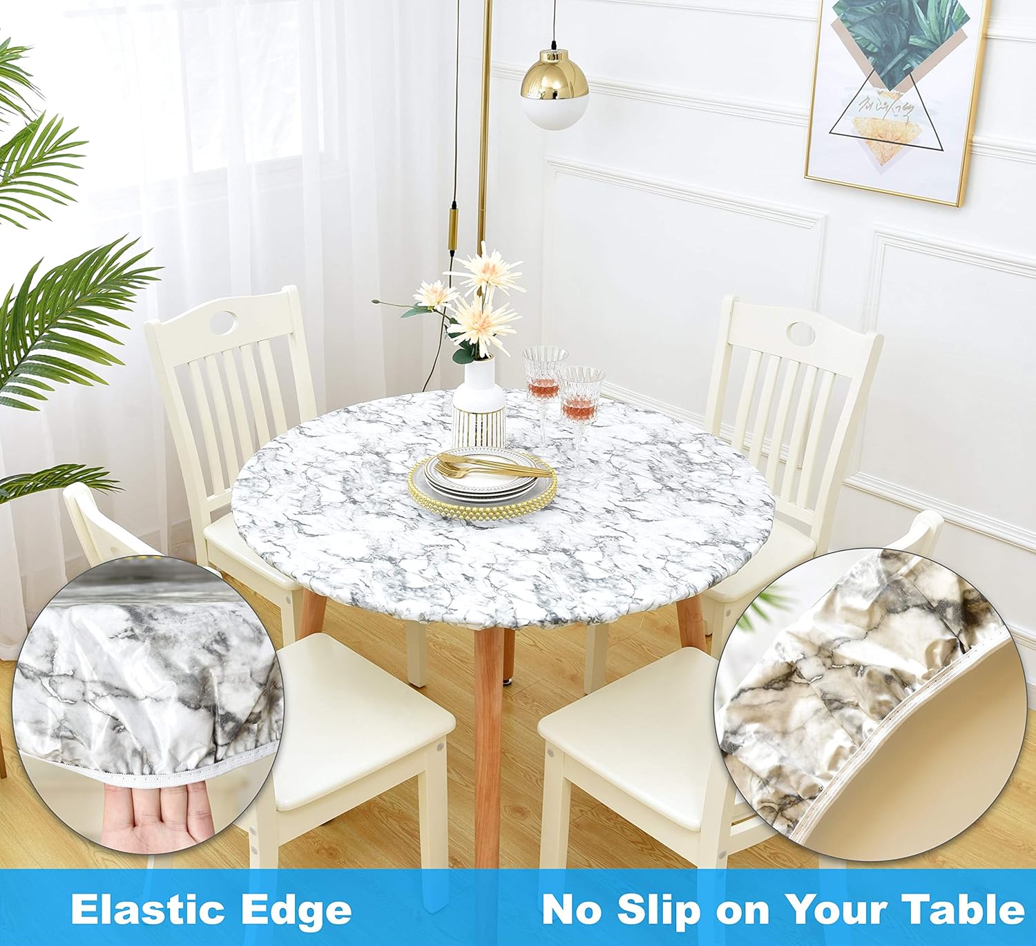 Rally Home Goods Indoor Outdoor Patio Round Fitted Vinyl Tablecloth, Flannel Backing, Elastic Edge, Waterproof Wipeable Plastic Cover, White Marble Pattern for 6-Seat Table of 45-56’’ Diameter - Image 5