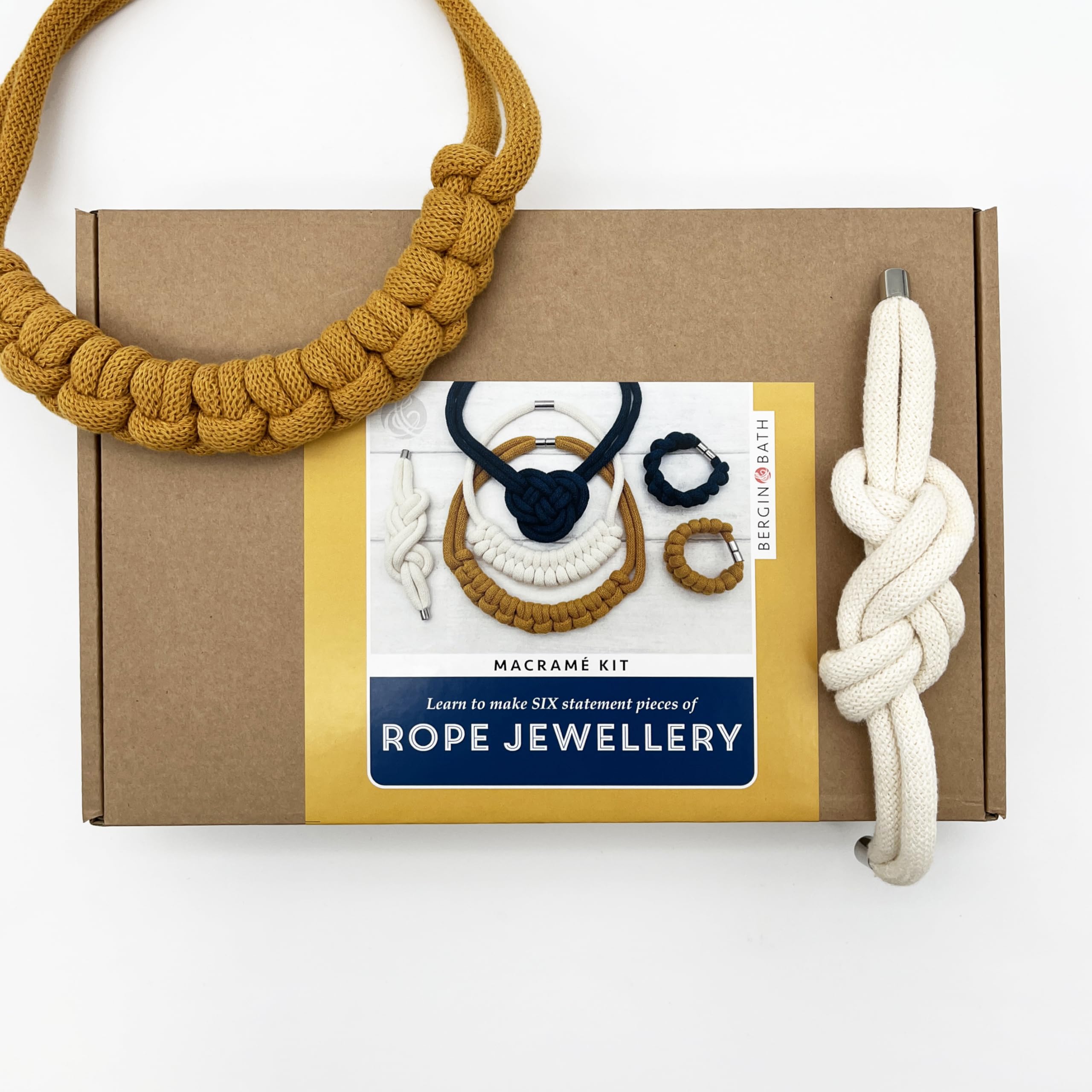 Bergin & Bath Macrame Kit, Rope Jewellery, Yellow, Navy & White, Learn to Make SIX Stylish Necklaces and Bracelets - Gift for her - Adult Craft kit