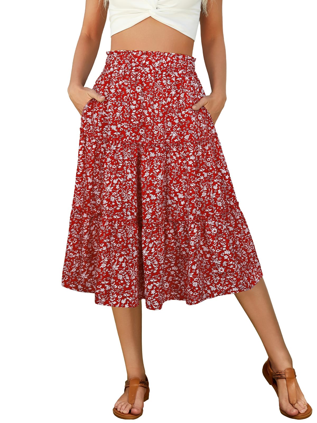 Berydress Midi Skirt for Women with Pockets 2025 High Waist A Line Casual Summer Boho Flowy Tiered Ruffle