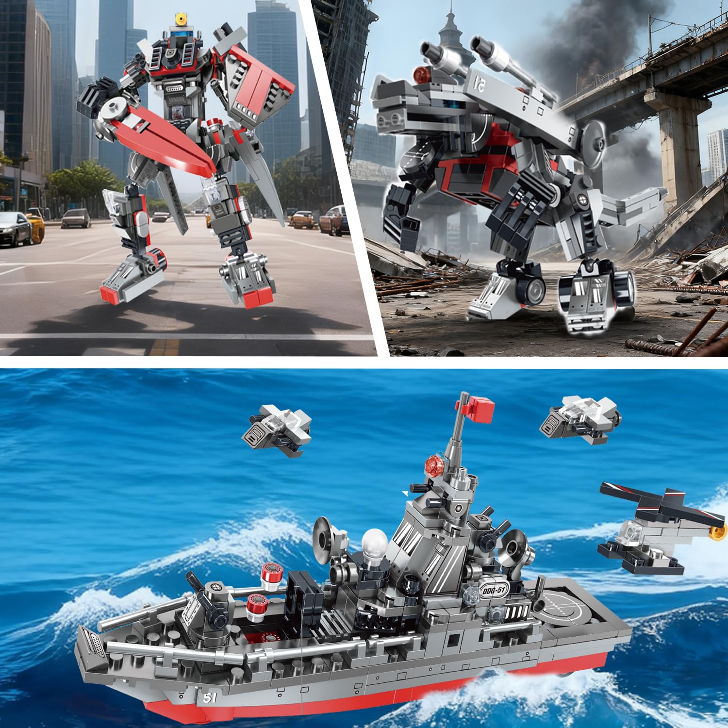 3-in-1 Military Warship Building Toys Kit (418 pcs) - Navy Destroyer Model with Radar, Missile Launcher, Aircraft - Image 4