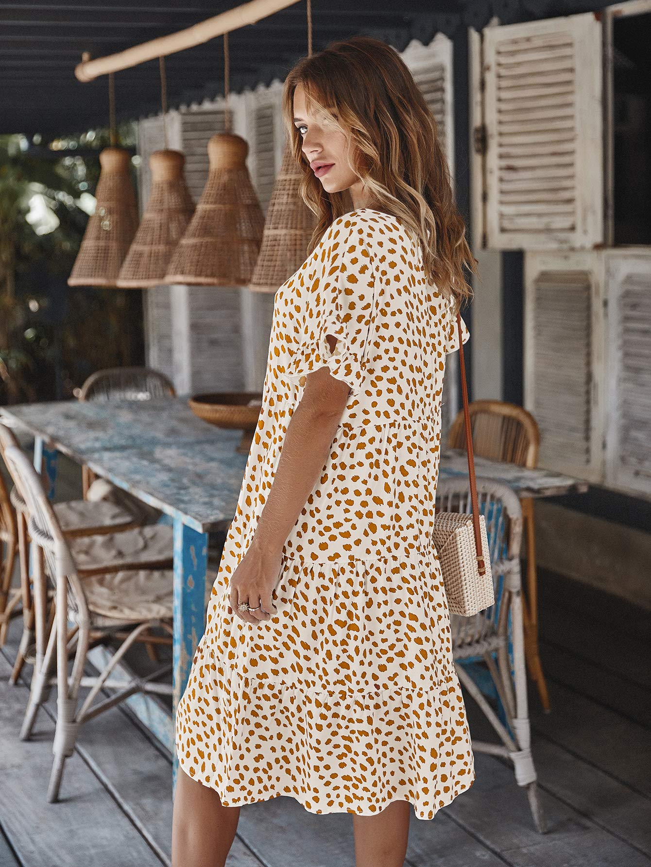MessBebe Abito Donna Casual a Maniche Corte Vestito Donna Corto a Girocollo con Ruches Abito Elegante Estivo Primavera Mini Abito da Spiaggia