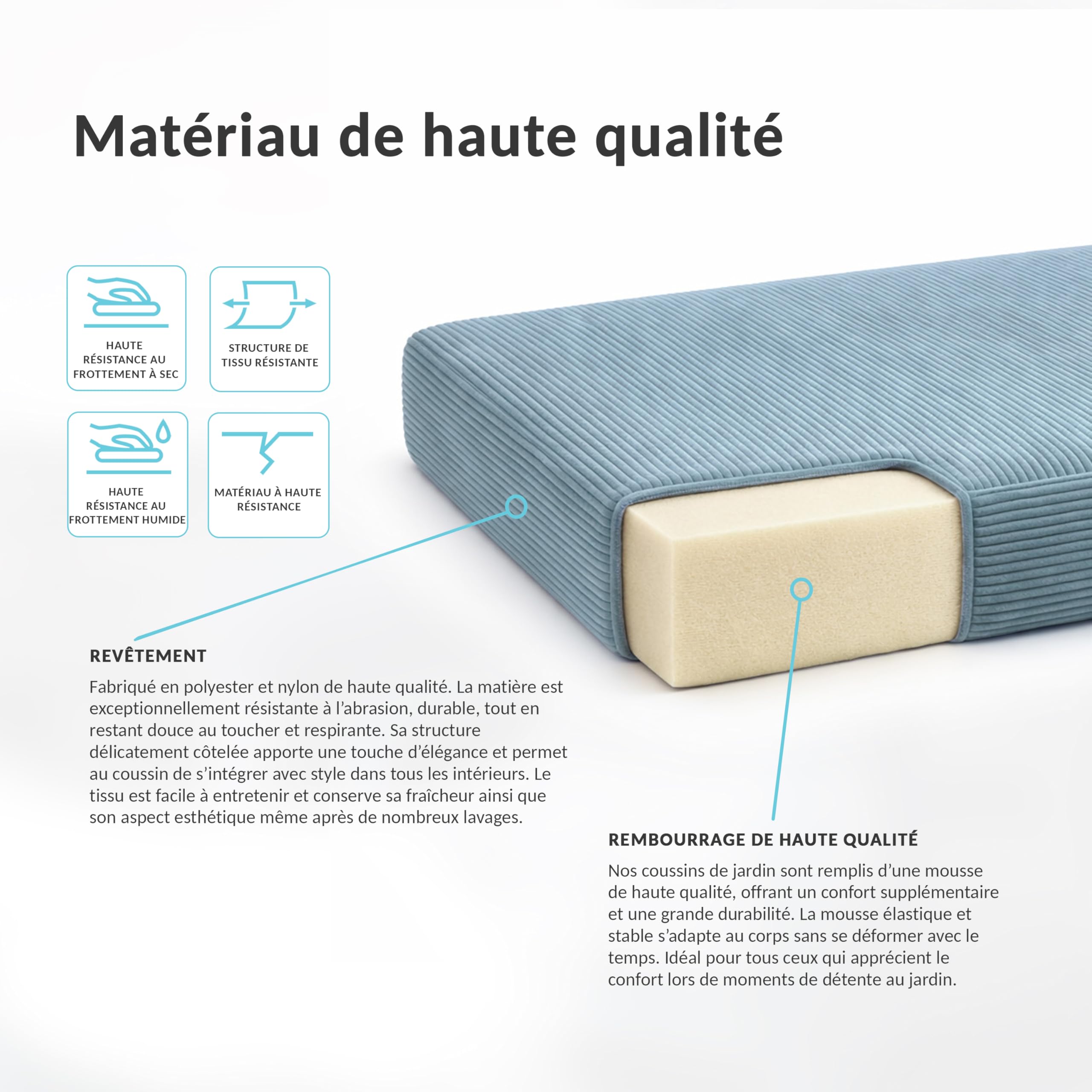 POKAR Set de 2 Coussins pour Palette 1x Assise 120x80 + 1x Dossier 120x40 | Coussins pour Canapé de Jardin en Velours Côtelé | Housses Amovibles | Made in EU | Certifié Oeko-Tex | Ivoire
