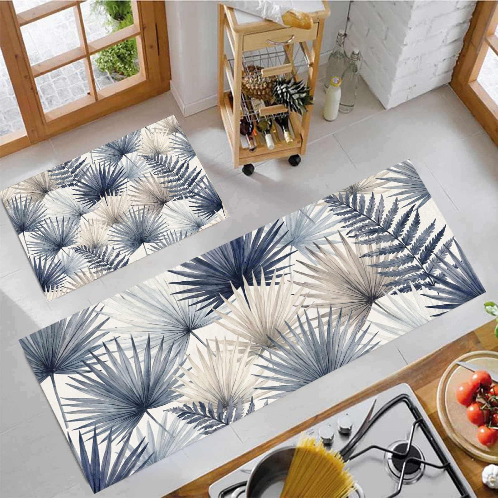 Tappeto Cucina Lavabile Antiscivolo Texture Di Foglia Di Palma Tropicale, Set Da 2 40X60+40X120Cm, Tappetino Cucina Resistente Pianta Ad Acquerello, Tappeti Passatoia Anti Fatica Facili Pulire, Blu