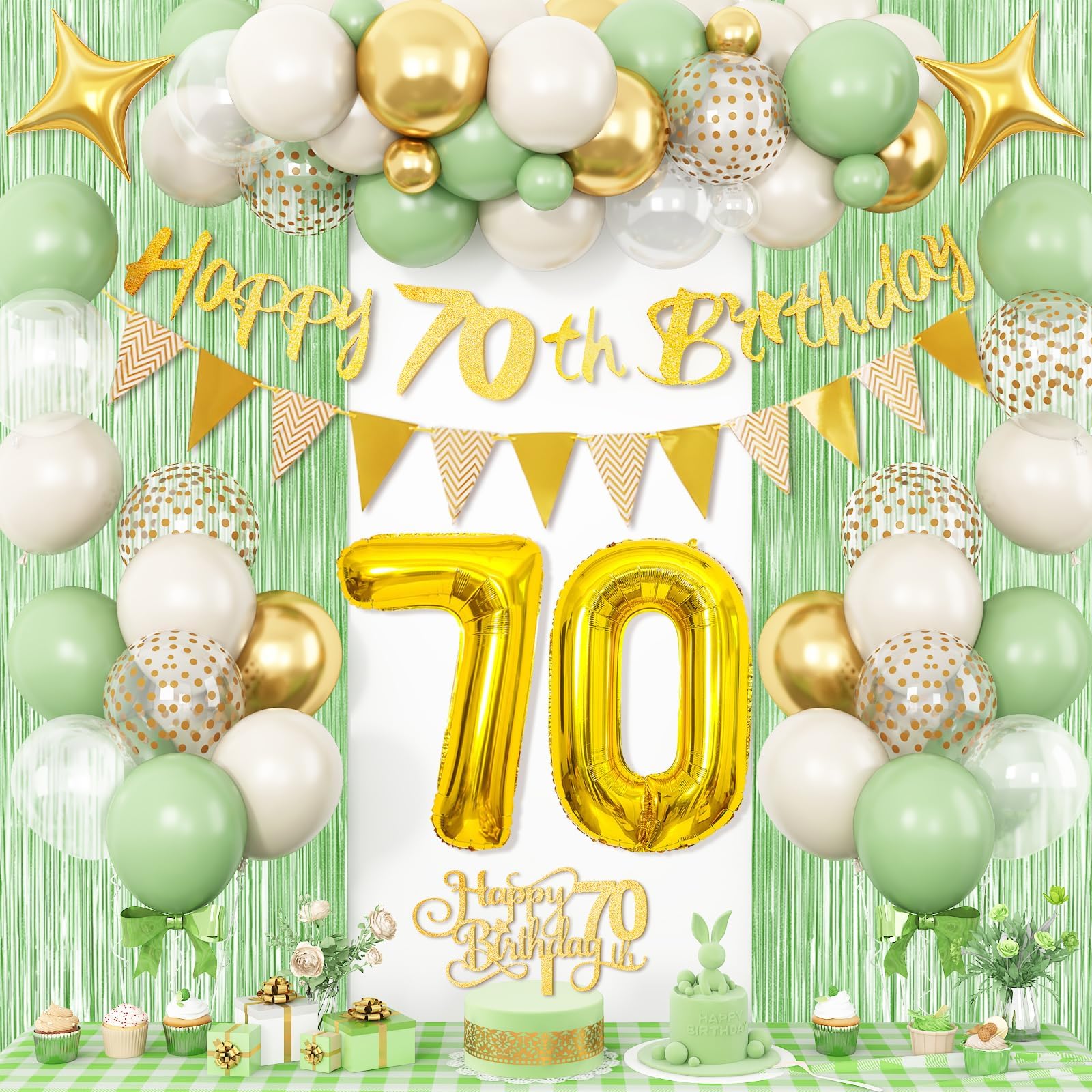70th Birthday Decorations for Women Men, Sage Green Gold 70th Birthday Balloons with Glitter Happy 70th Birthday Banner Fringe Curtain Cake Toppers