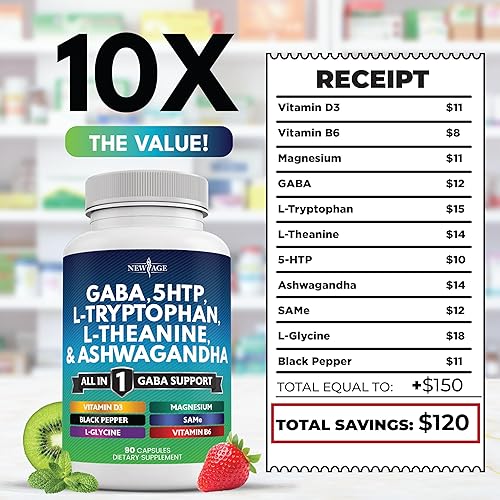 Miniatura 7 de NEW AGE GABA 750mg 5 HTP 200mg L Triptófano 500mg L Teanina 200mg Ashwagandha SAM-e L-Glicina - Vitaminas para mujeres y hombres con L-tirosina