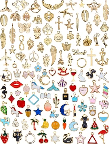 110 dijes esmaltados chapados en oro surtidos para hacer joyas, collares, pulseras, suministros de manualidades, Zinc, Aleación.