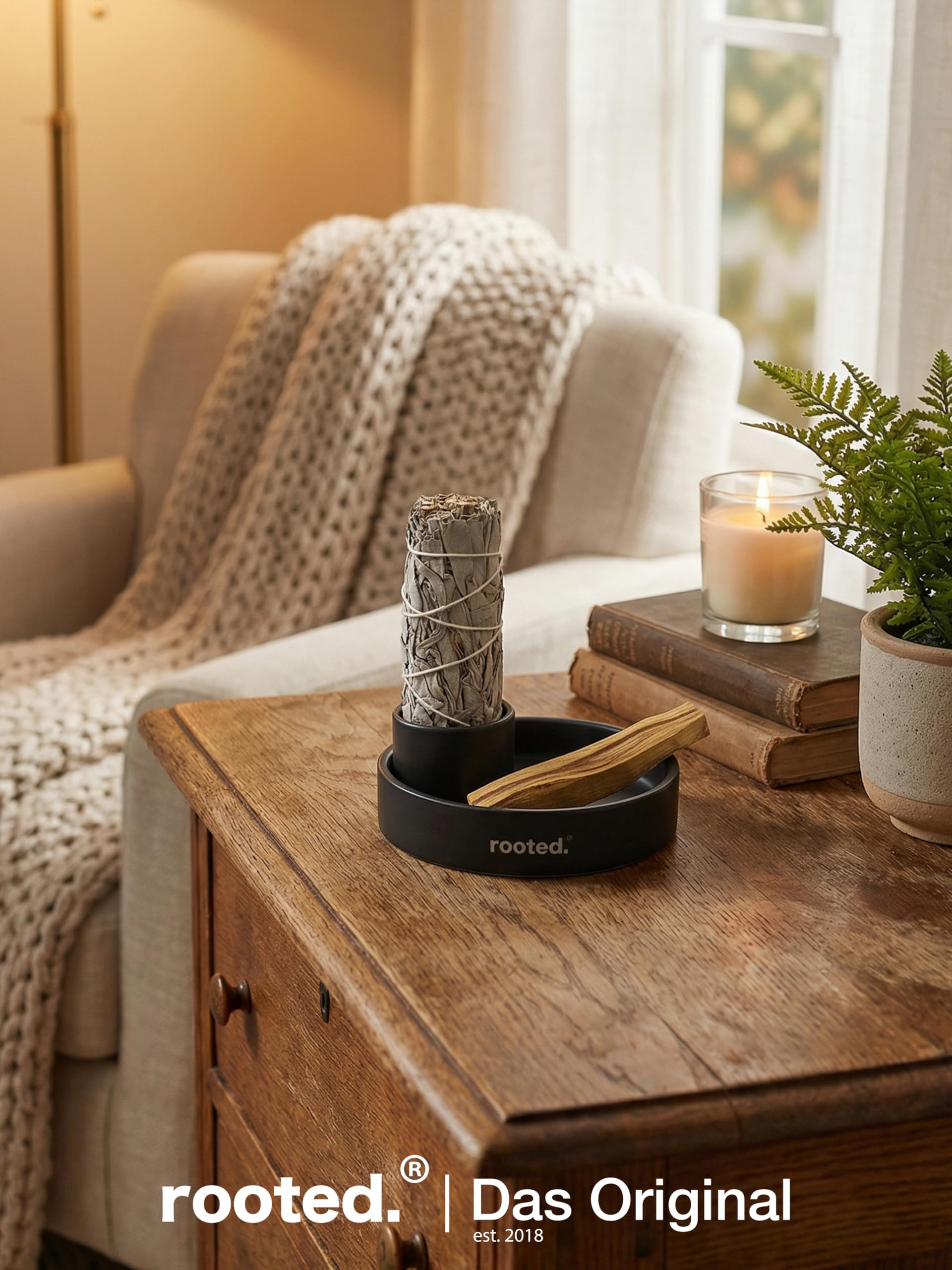 rooted.® Designerska miska do wędzenia 3 w 1 [matowa czerń] – ognioodporna miska ceramiczna do Palo Santo, białej szałwii i kadzidełek | nowoczesna, minimalistyczna, do rytuałów i czyszczenia