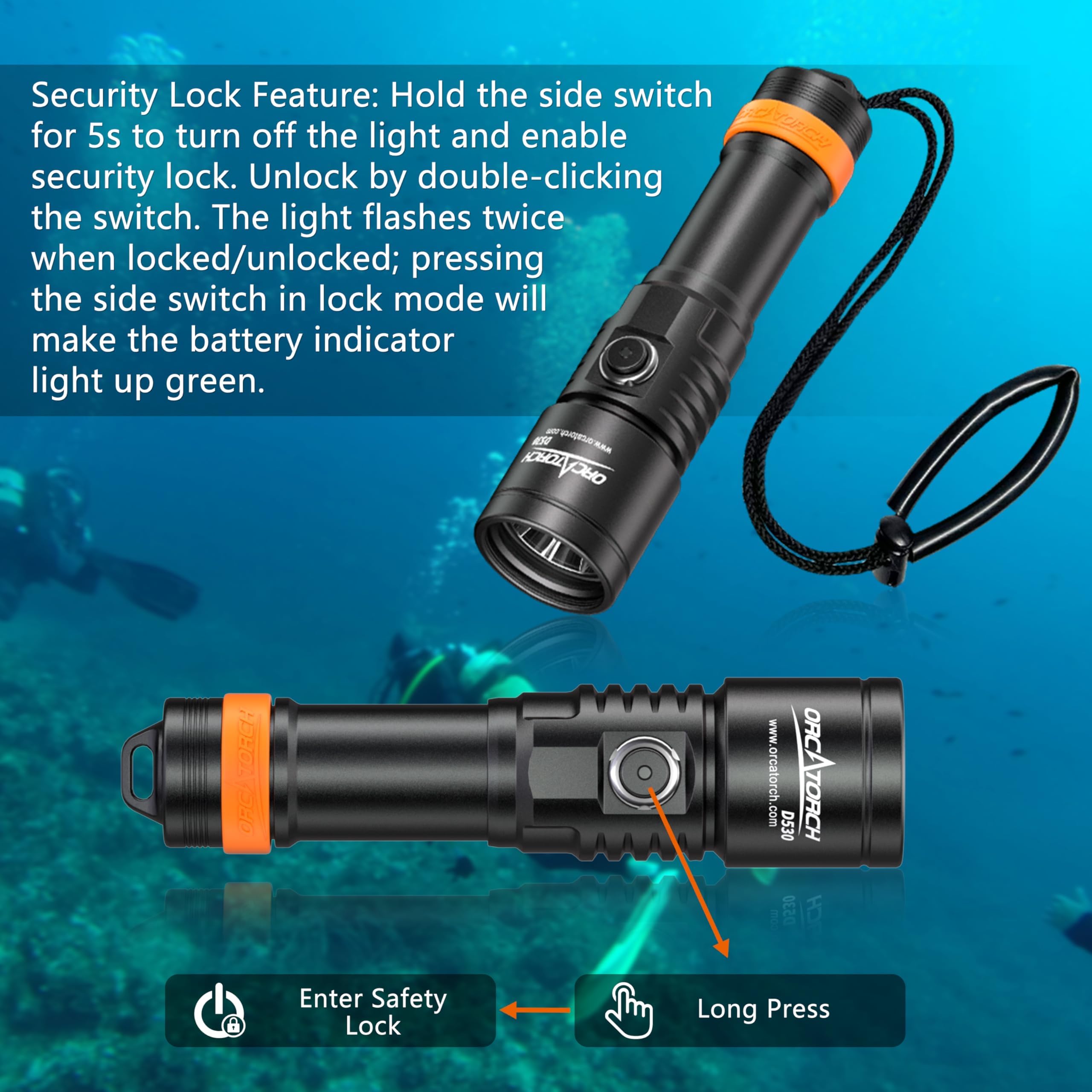 ORCATORCH D530 Luz de buceo, 1500 lúmenes, ángulo de haz estrecho de 7 grados, interruptor de botón lateral, dos modos de iluminación para buceo bajo el agua 150 metros