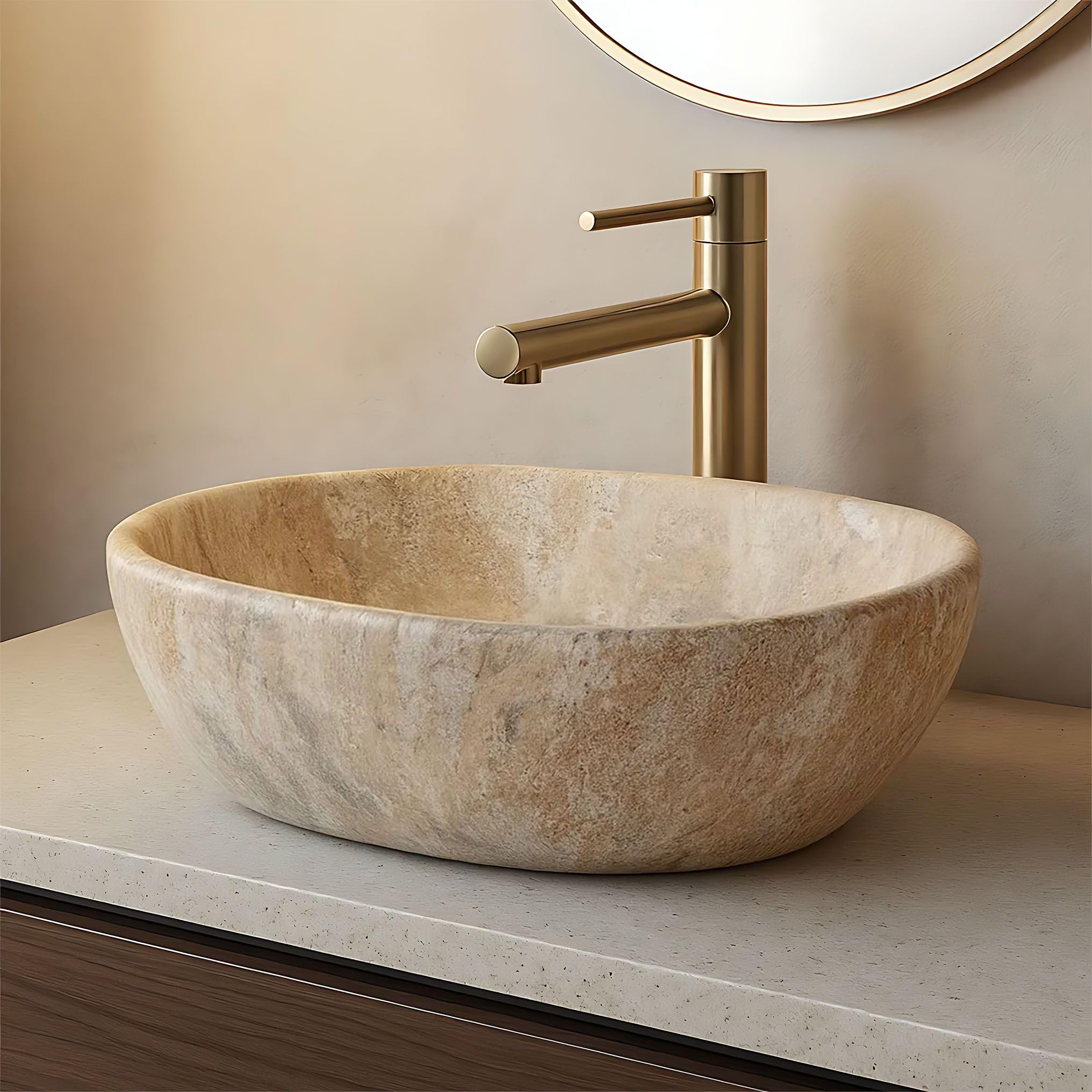 Rea - Lavabo Da Appoggio Amelia Savana Matt In Ceramica,Pietra Artificiale, Ovale 48X34,5X13,6cm